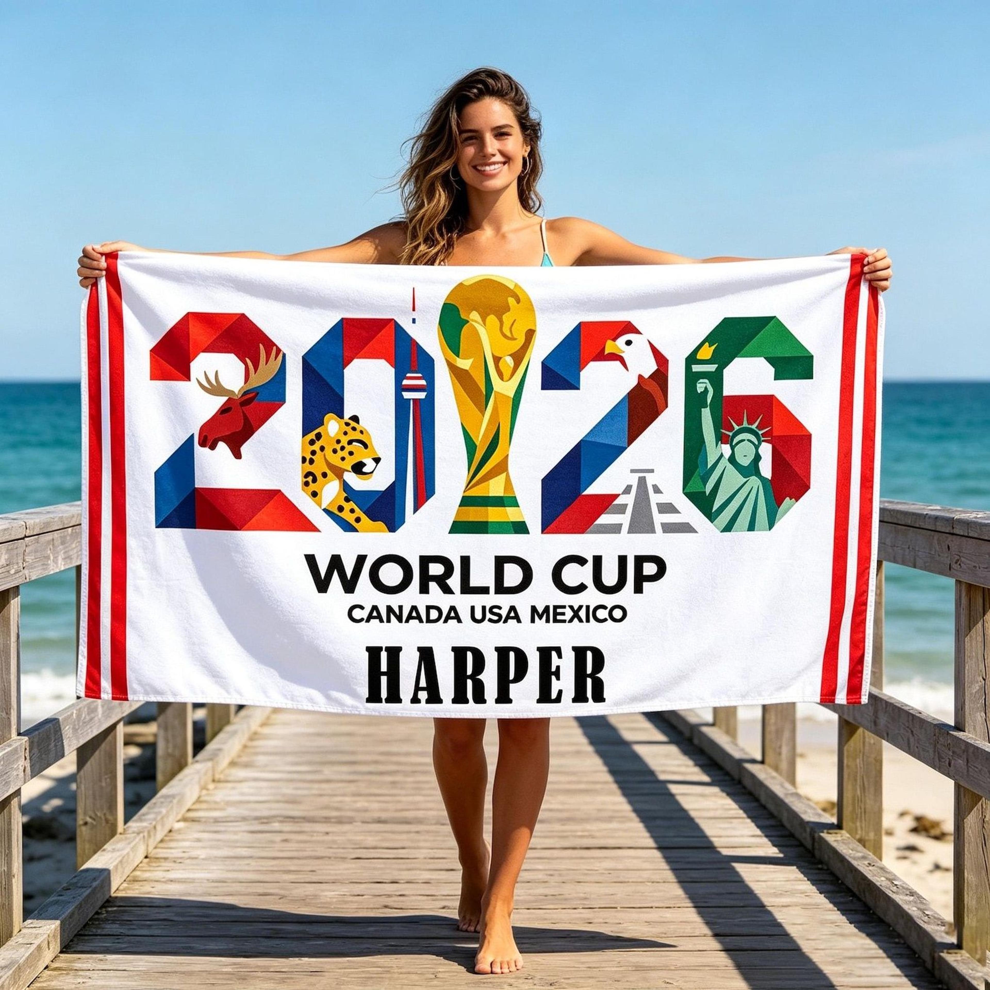 personalized 2026 world cup beach towel with name custom soccer fan gift
