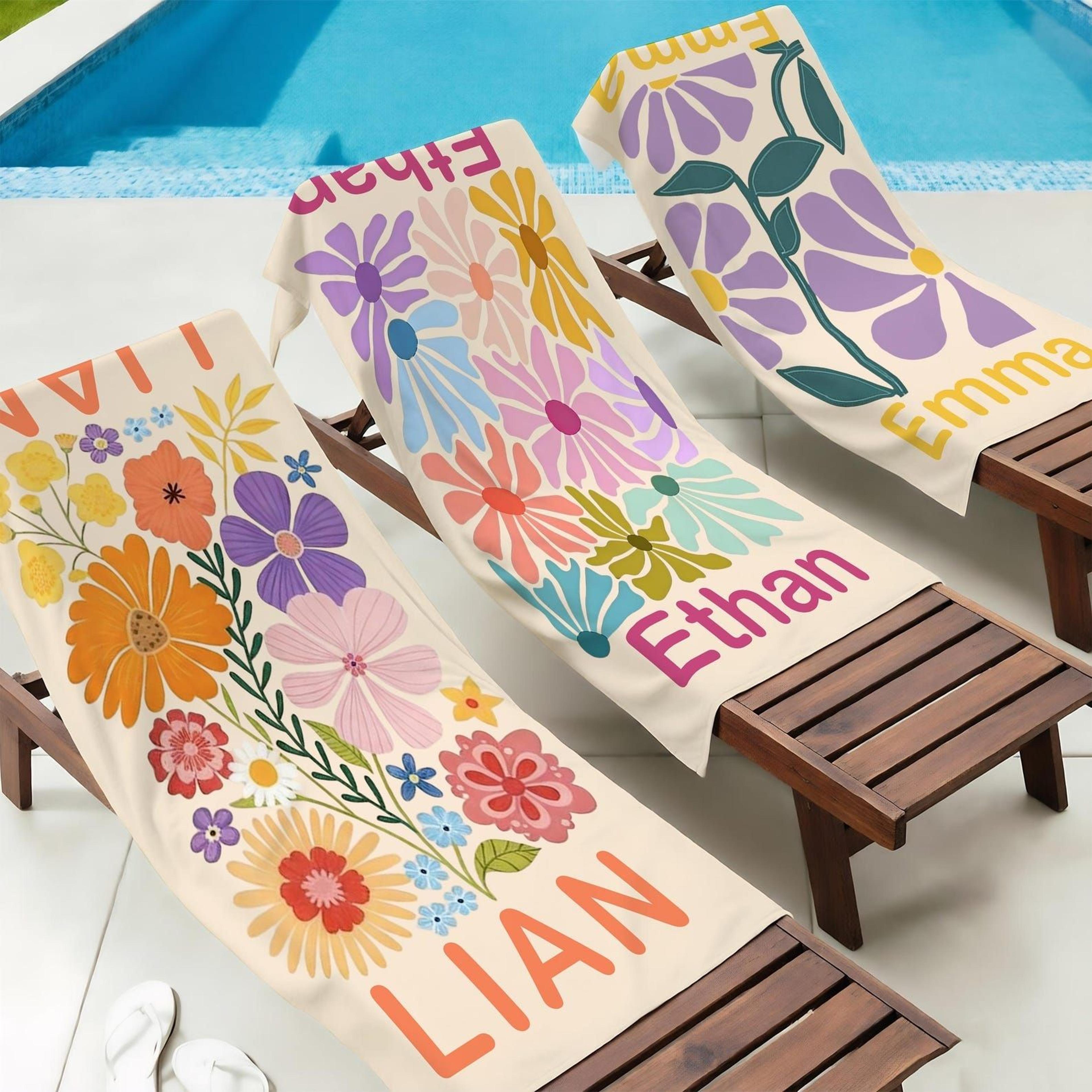 personalized retro floral beach towel with name – custom beach towel for bridesmaids & summer vacations