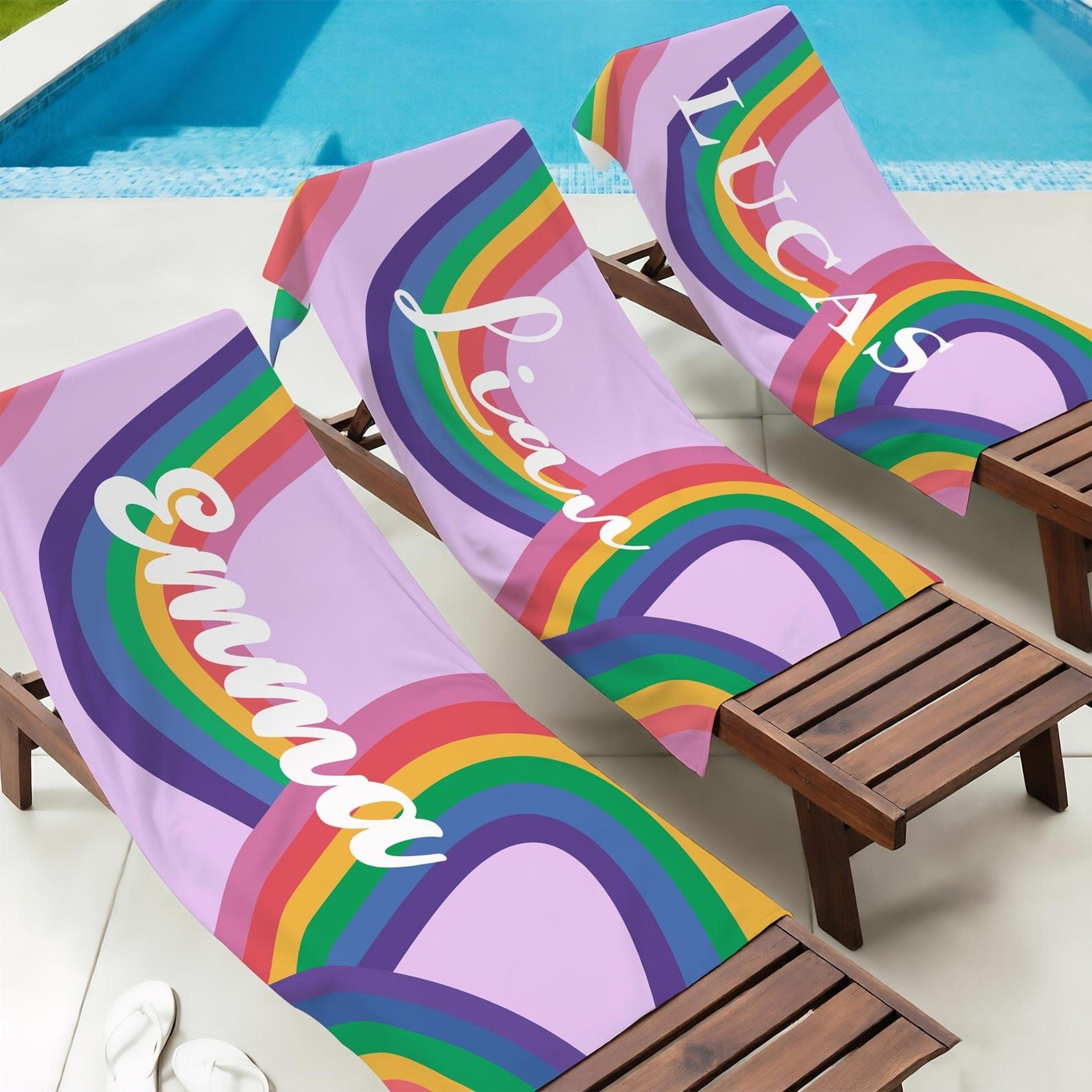 personalized rainbow beach towel with name – custom kids pool towel for summer vacations & birthdays