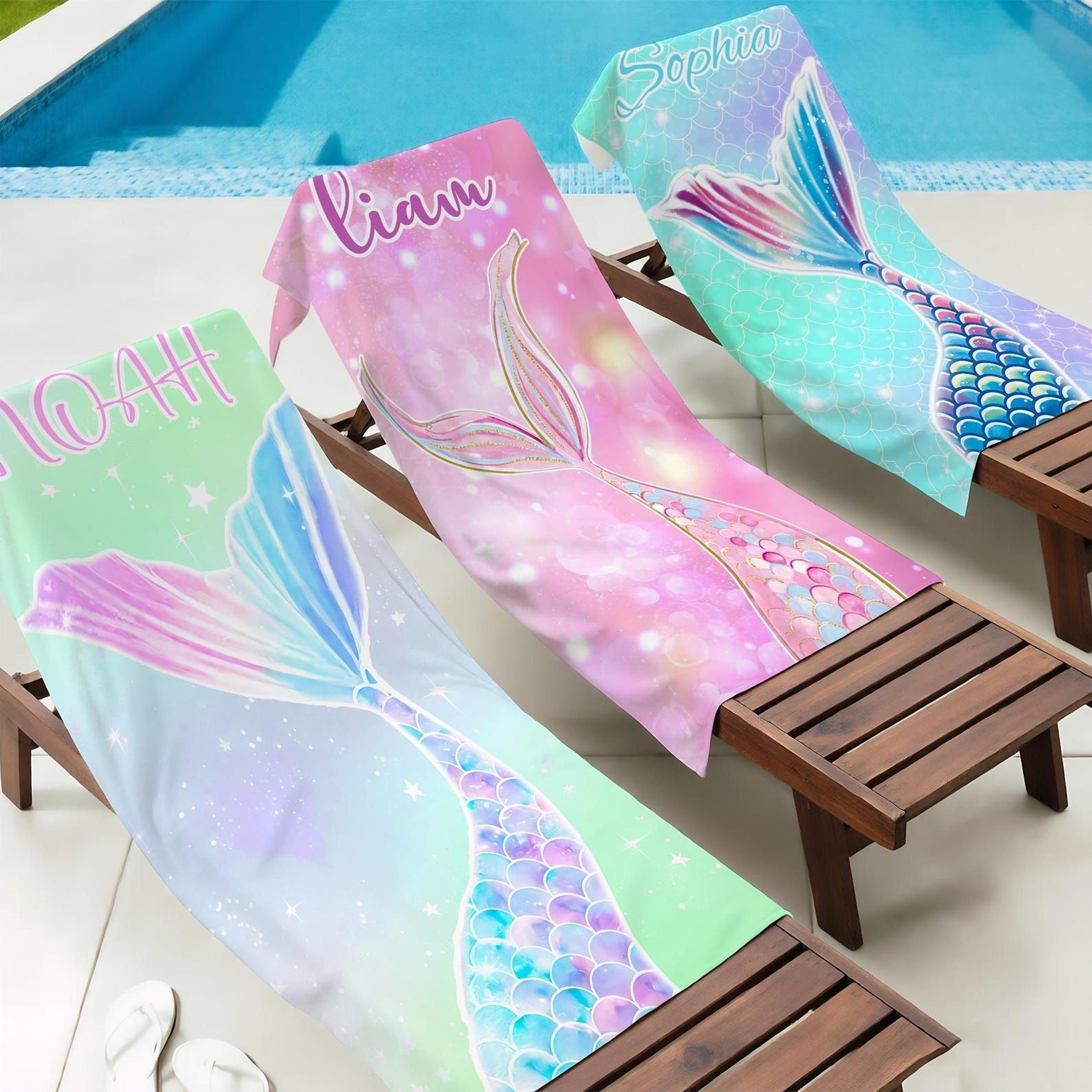 personalized mermaid beach towel with name – custom kids pool towel for summer adventures & birthday gifts