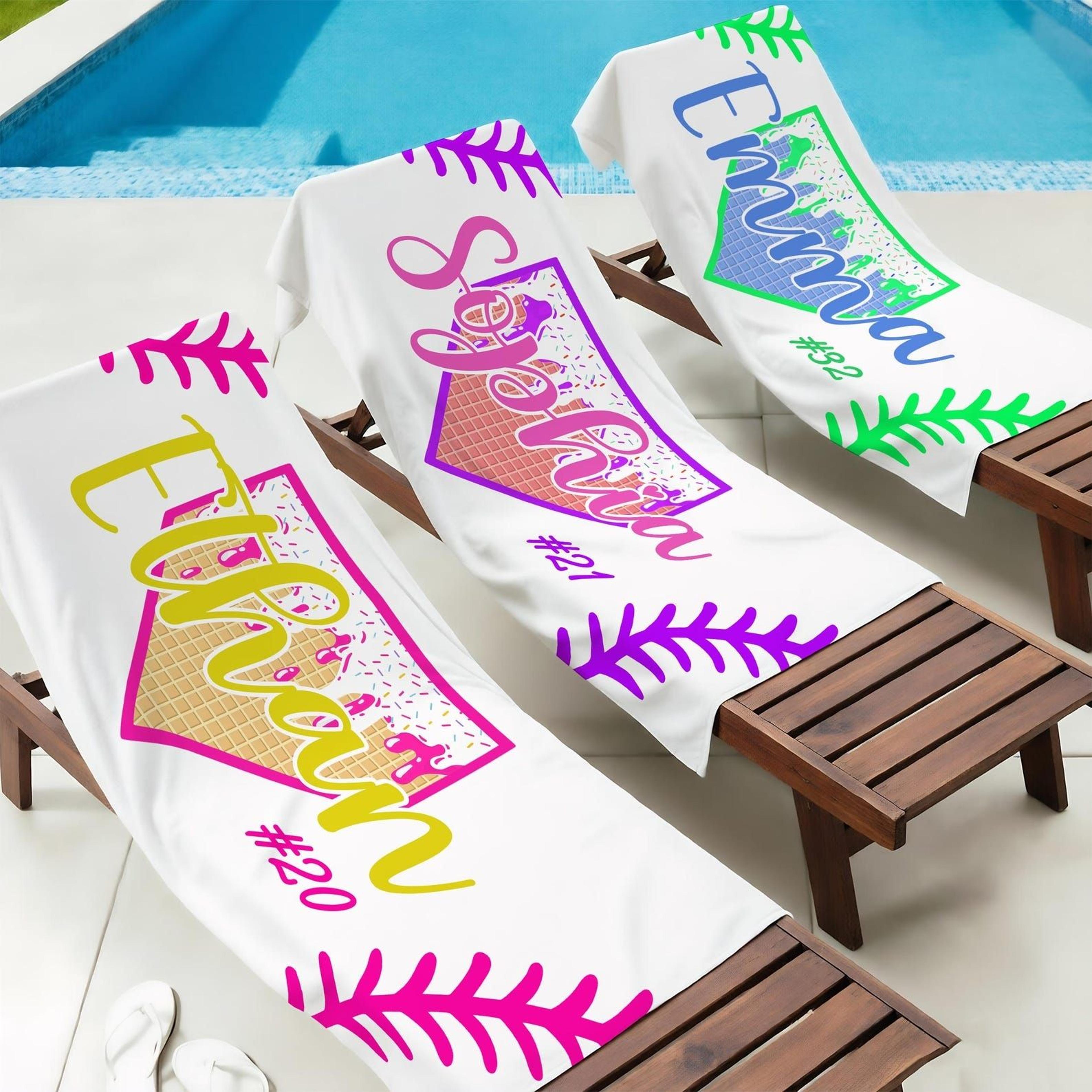 personalized baseball ice cream drip beach towel with name – custom sports team summer pool towel