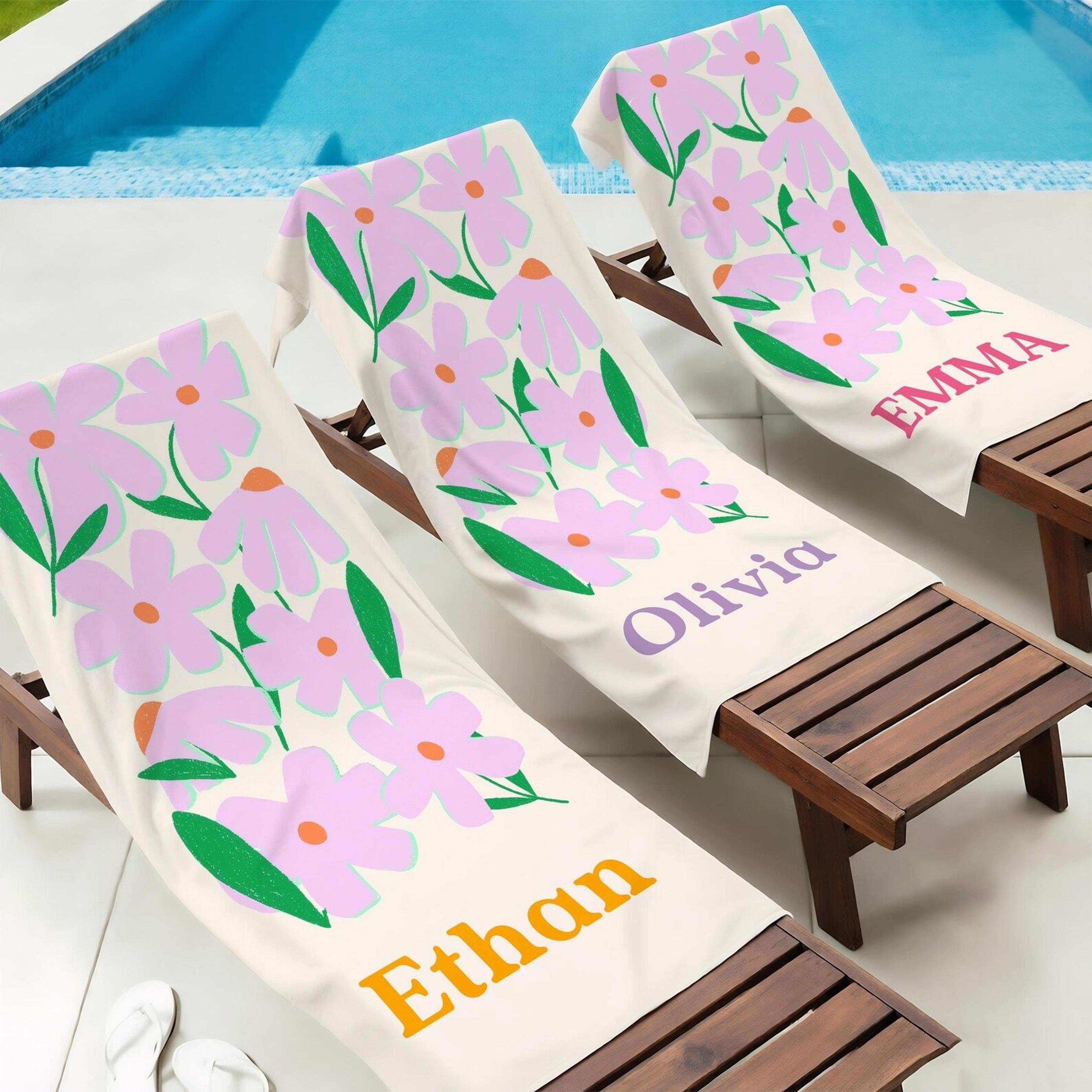 personalized retro flower beach towel with name – custom floral summer pool towel for vacations & gifts