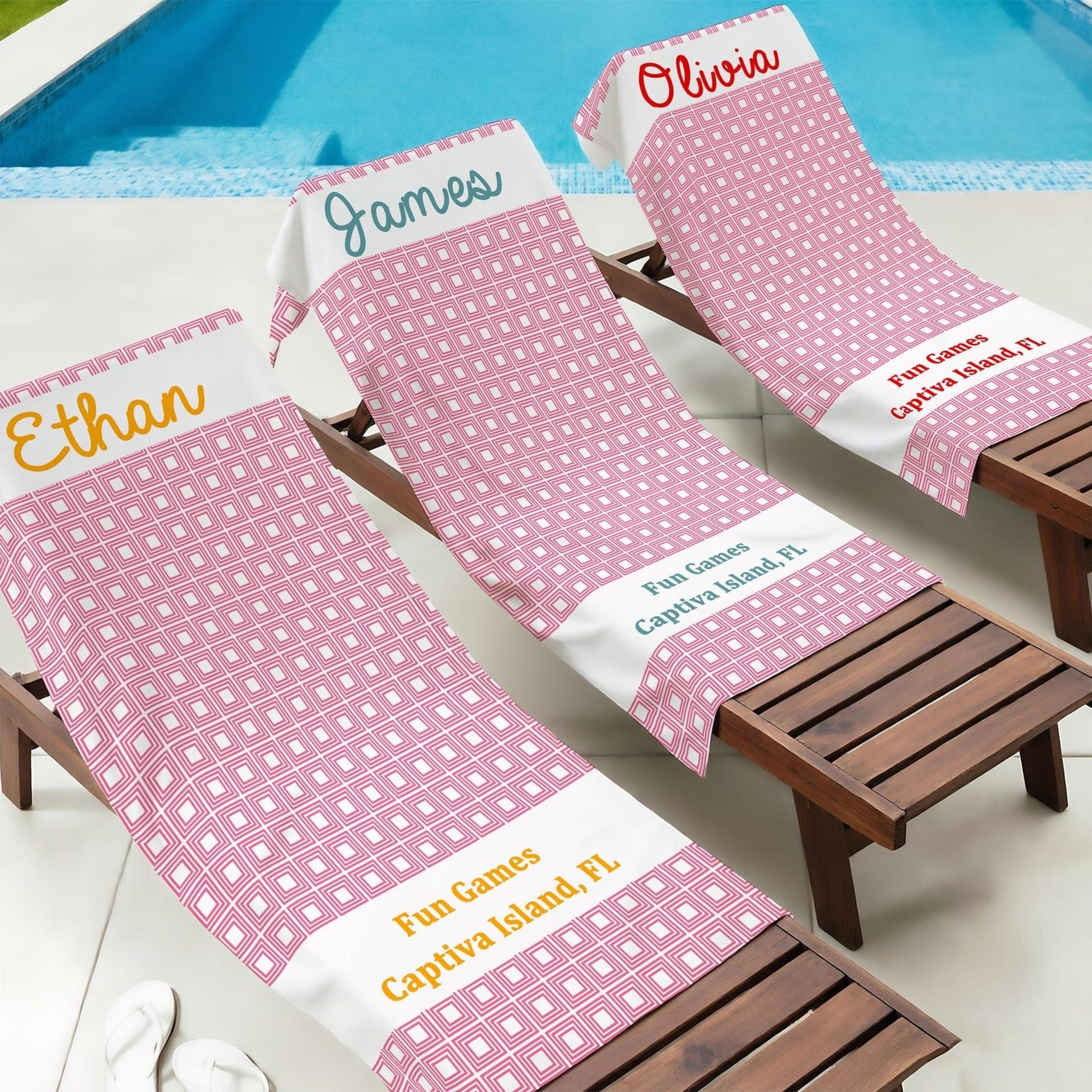 personalized geometric meander beach towel with name – custom summer pool towel for vacations & gifts