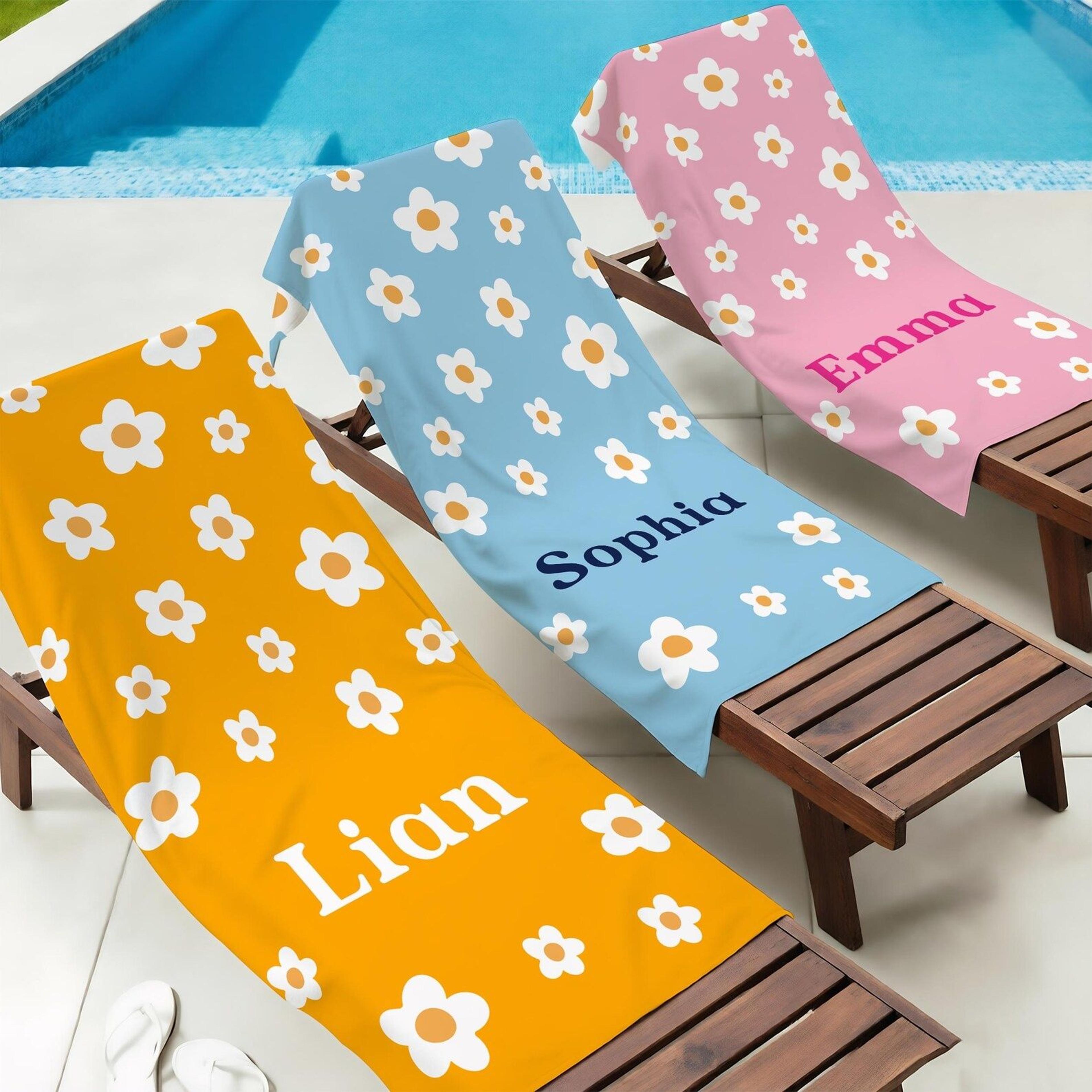 personalized floral beach towel with name – custom summer pool towel for vacations & bridesmaid gifts