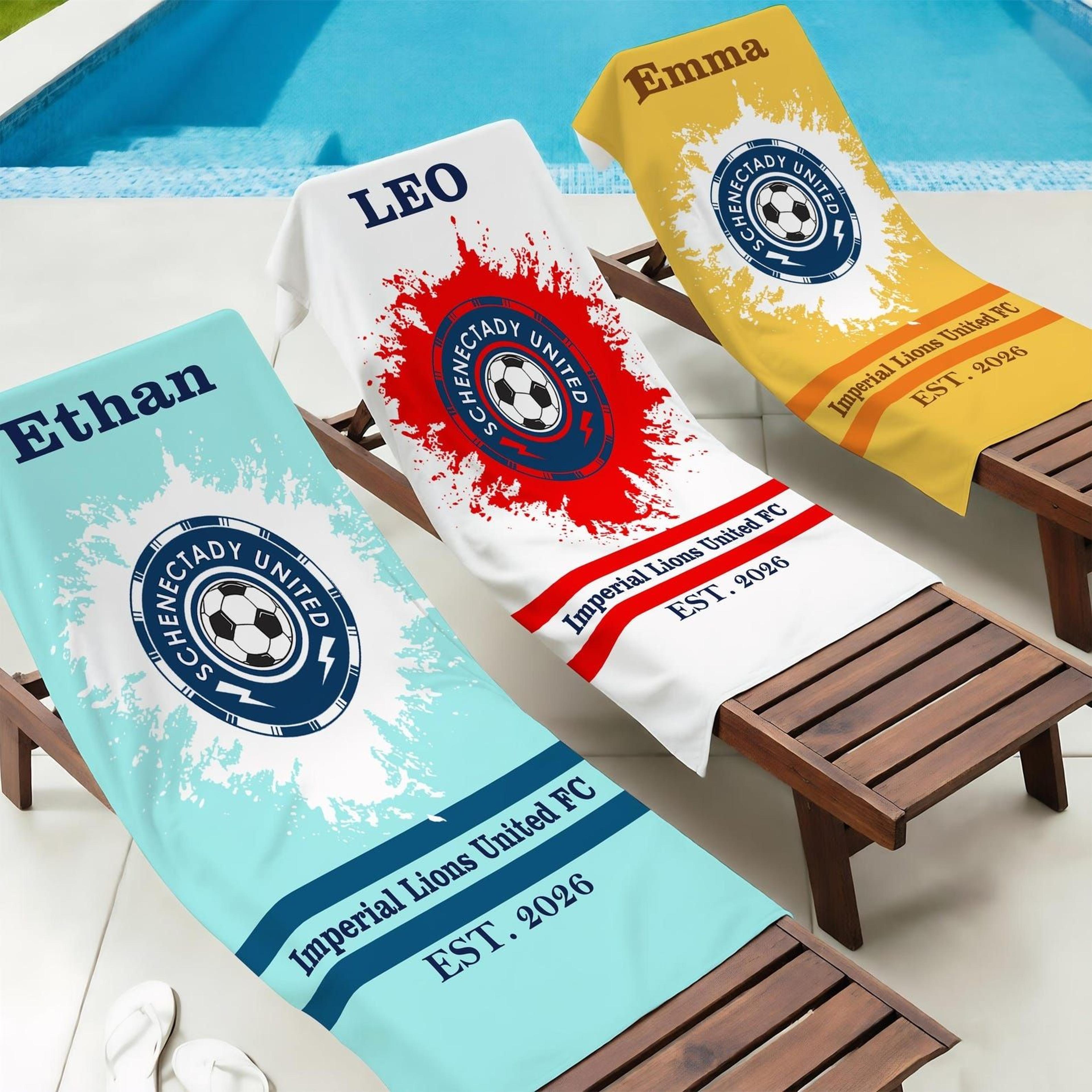 personalized football club beach towel with name – custom sports team pool towel for fans & vacations