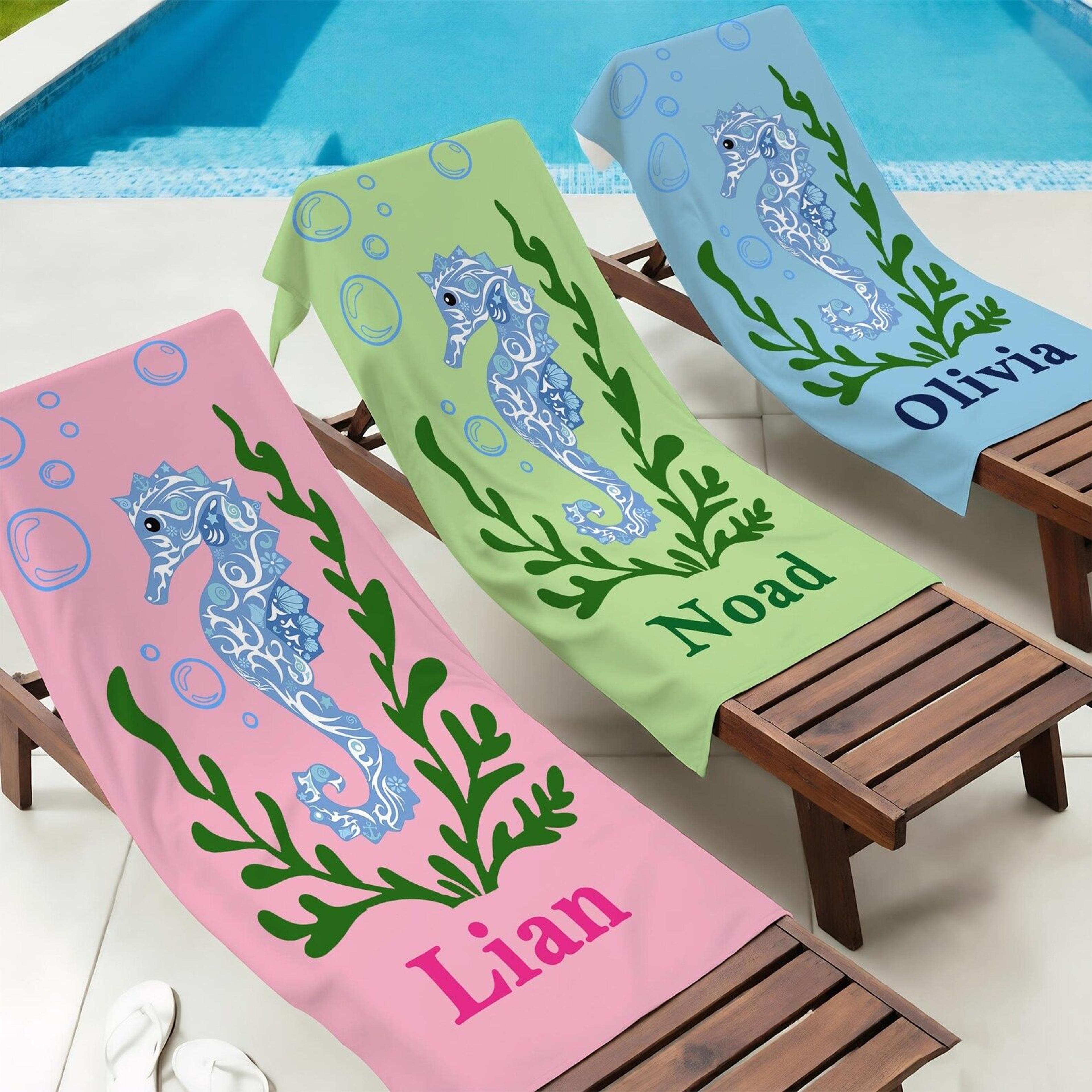 personalized seahorse beach towel with name – custom marine animal pool towel for kids & summer vacations