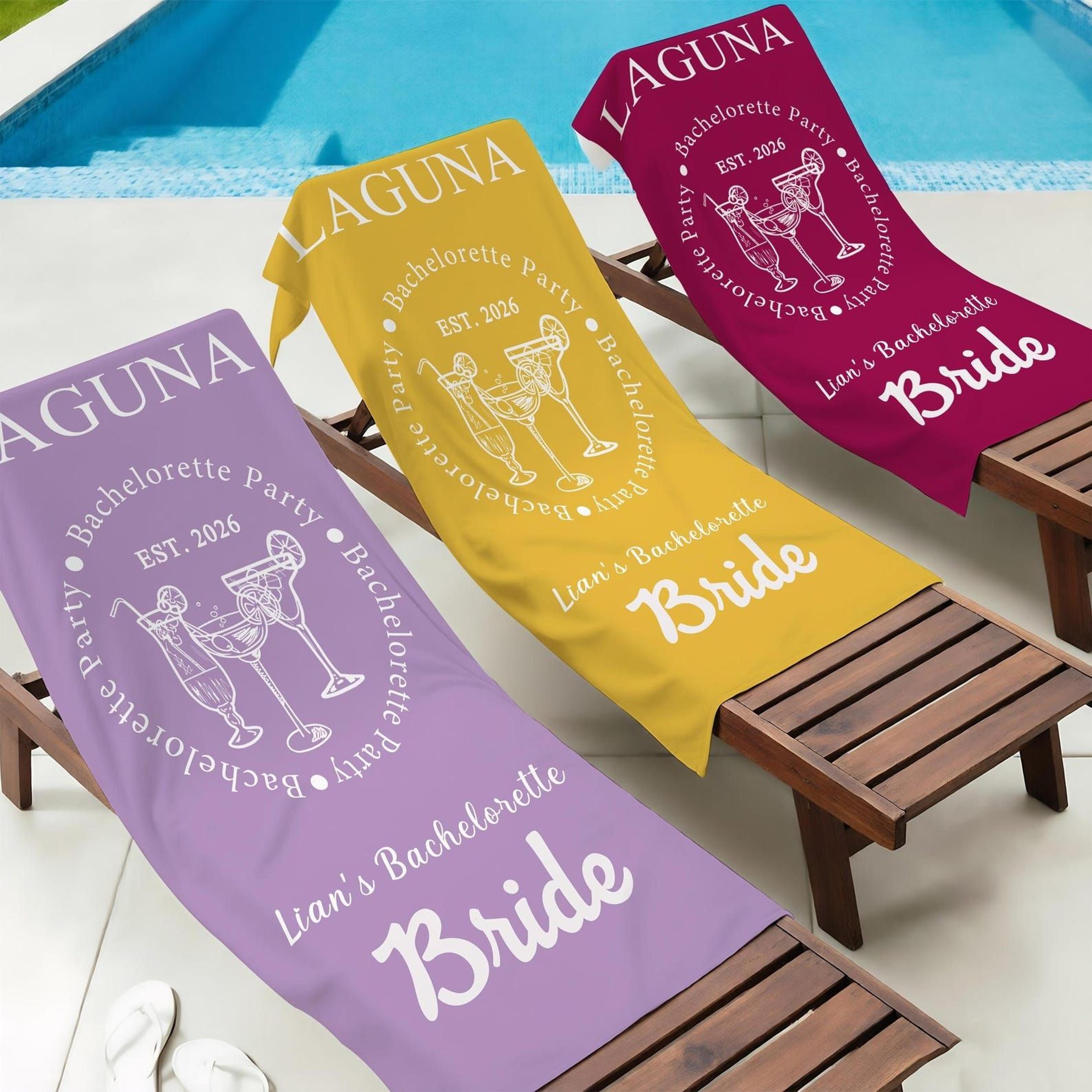 personalized bride beach towel with name – custom bachelorette party towel for bridesmaids & summer vacations