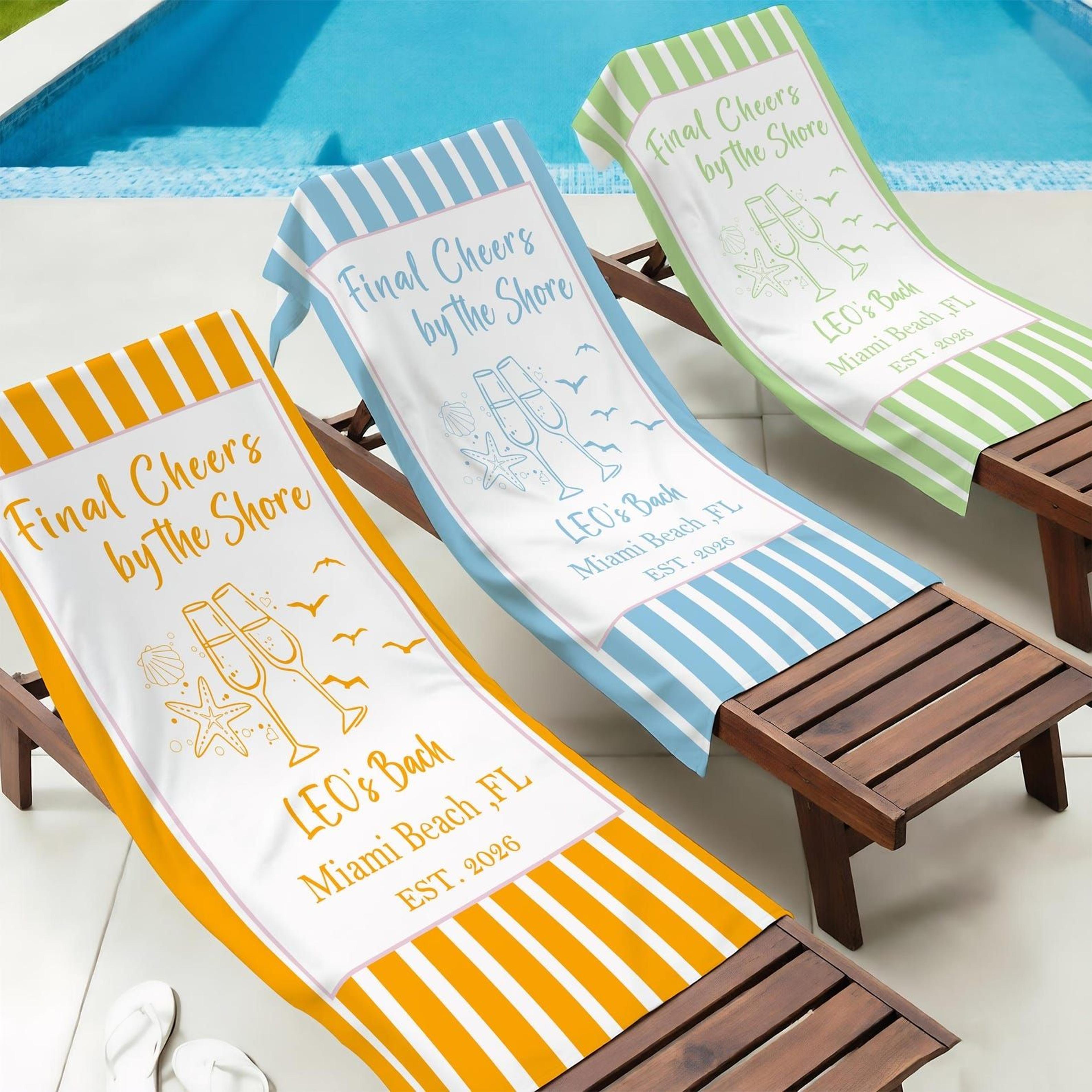 personalized striped cocktail bachelorette beach towel – custom seaside party pool towel for bridesmaids