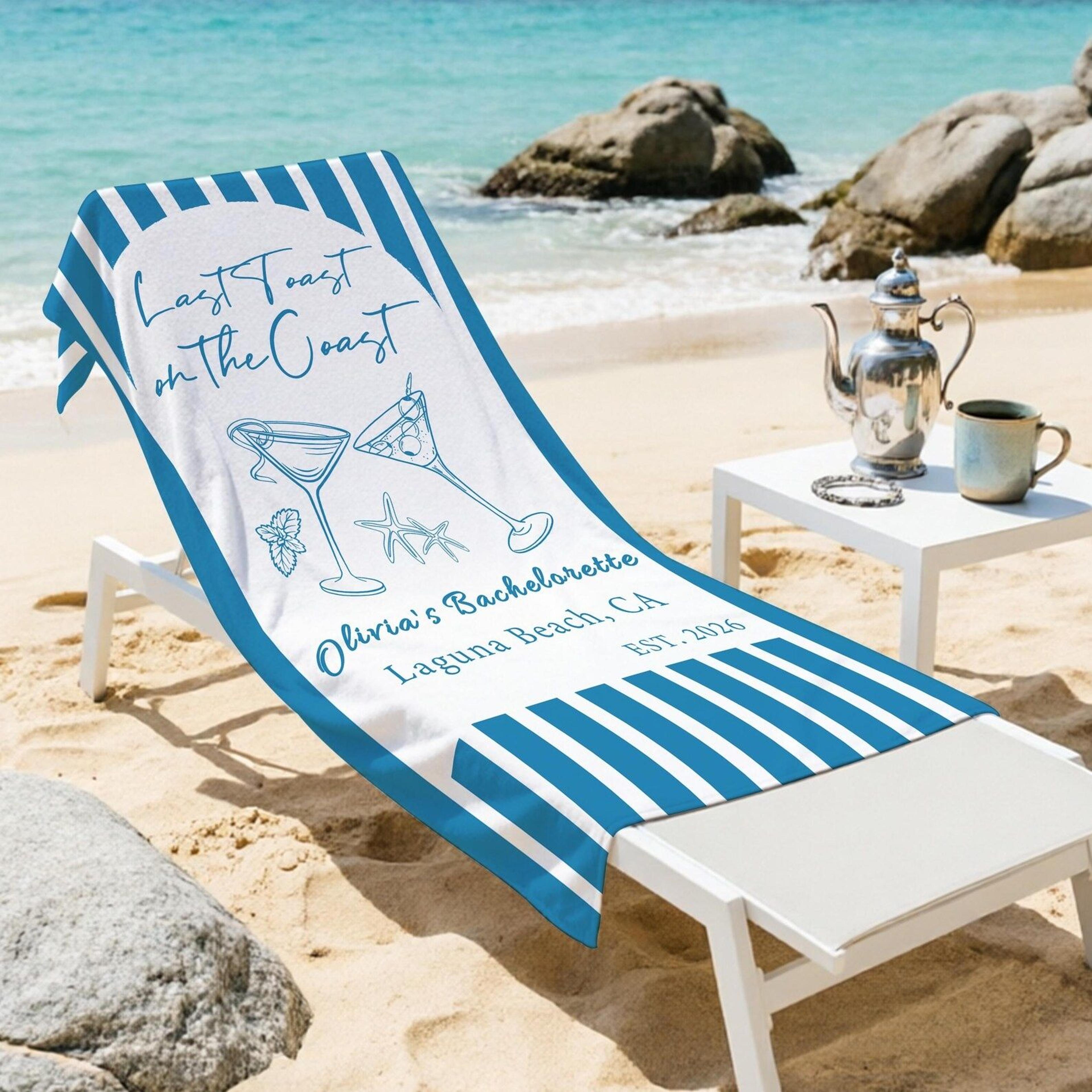 personalized coastal striped beach towel with name – custom bachelorette party pool towel for seaside getaways