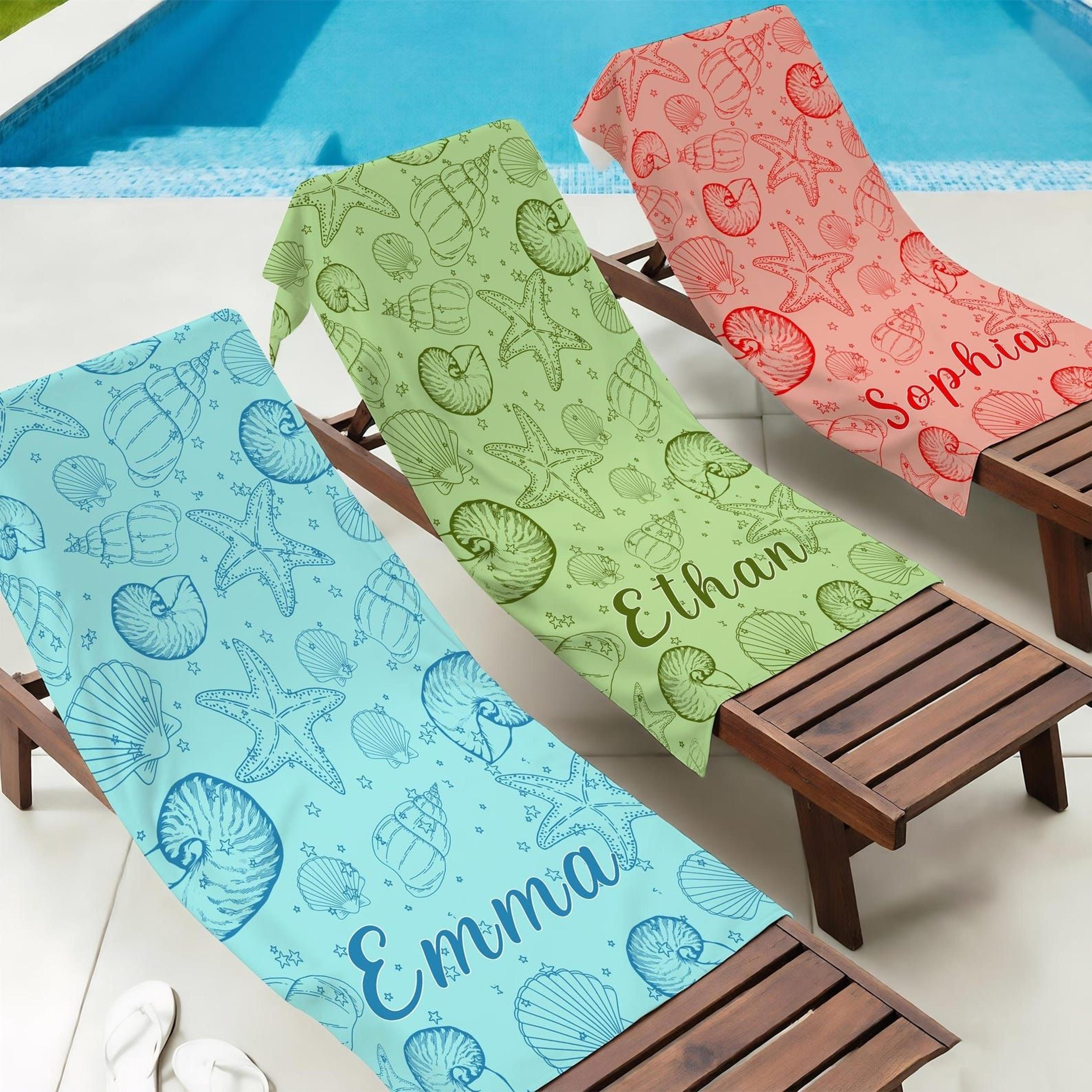 personalized seashell beach towel with name – custom coastal pool towel for kids, girls trips & summer vacations