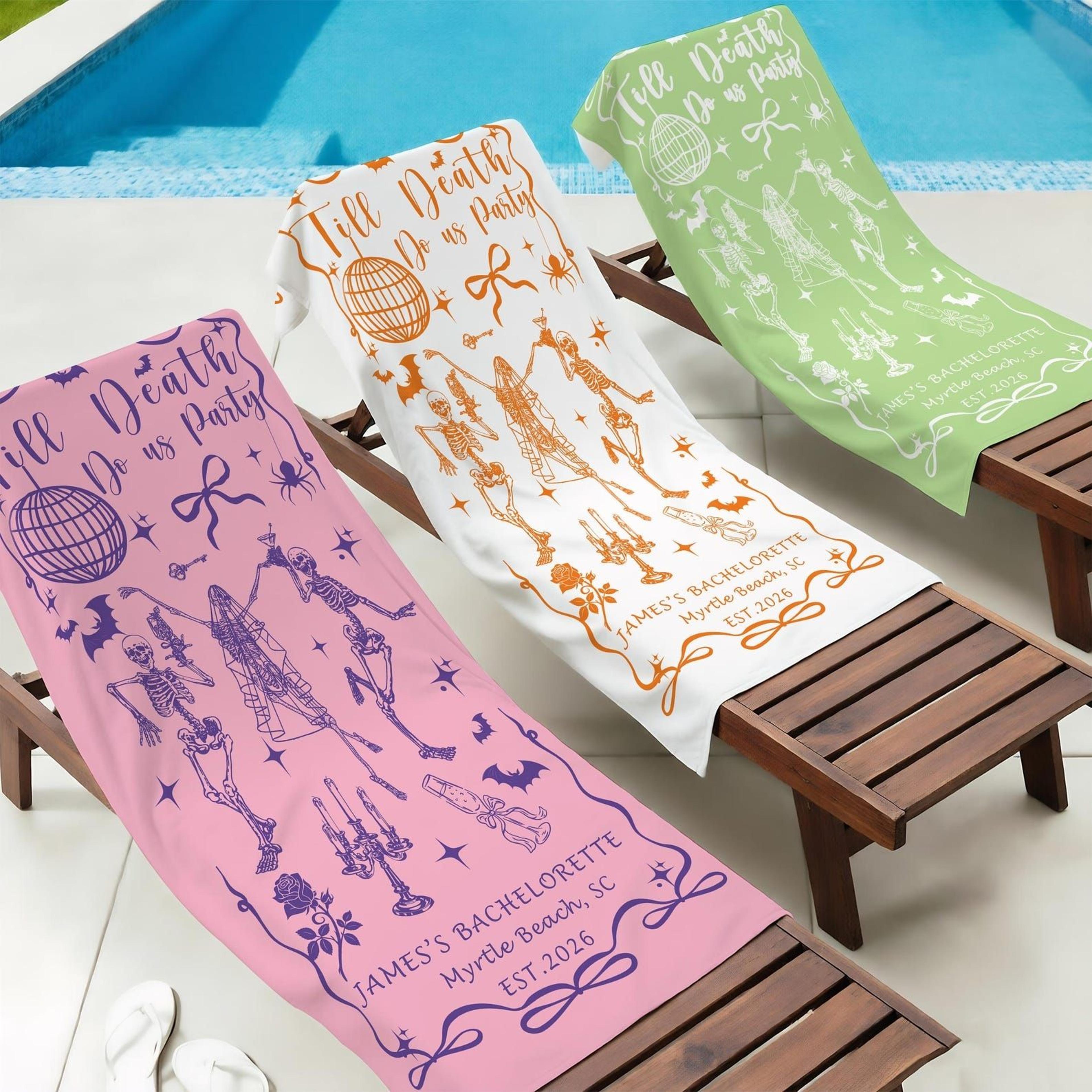 personalized location & name bachelorette beach towel – custom bride tribe vacation pool towel