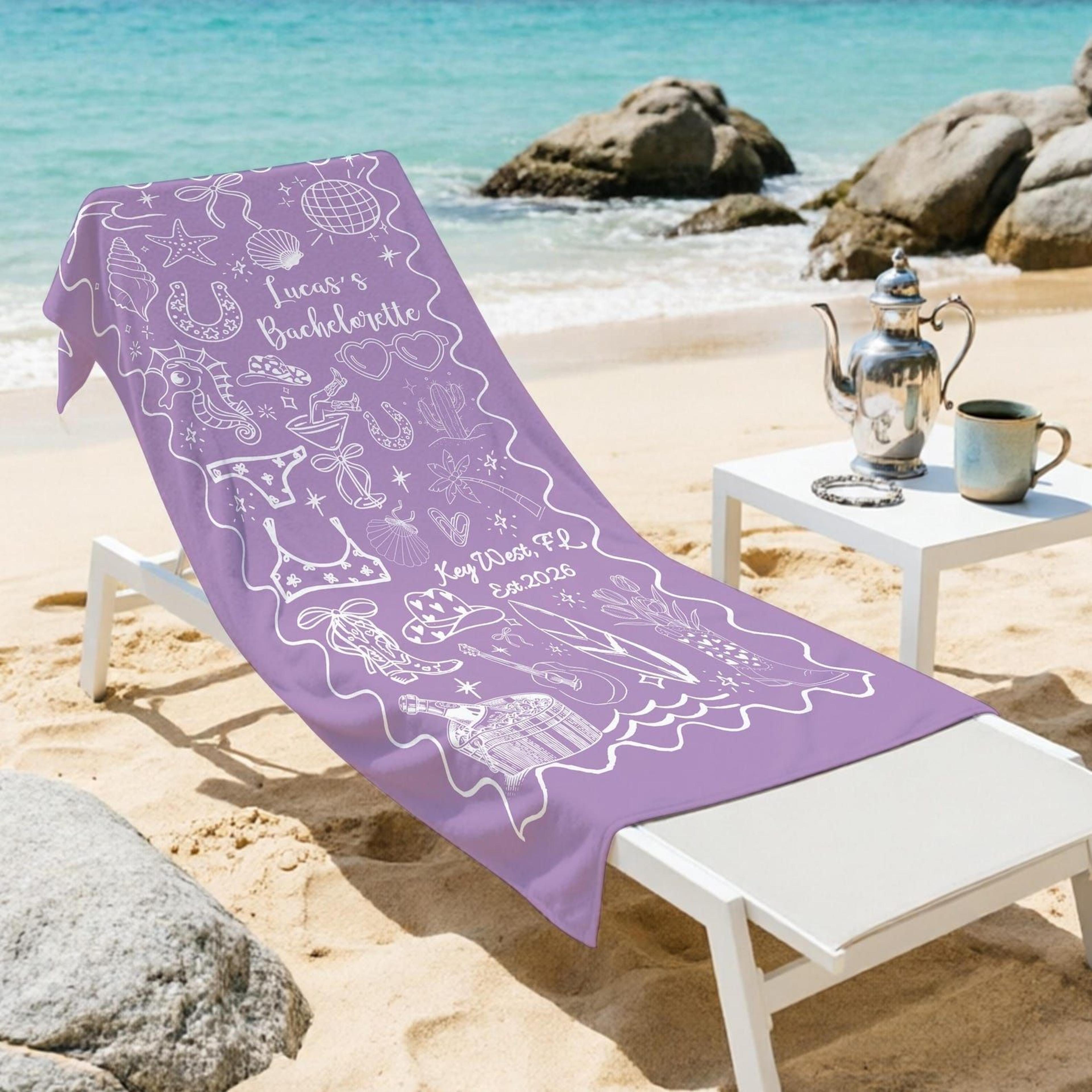 personalized location & name beach towel – custom seaside bachelorette party pool towel for summer getaways