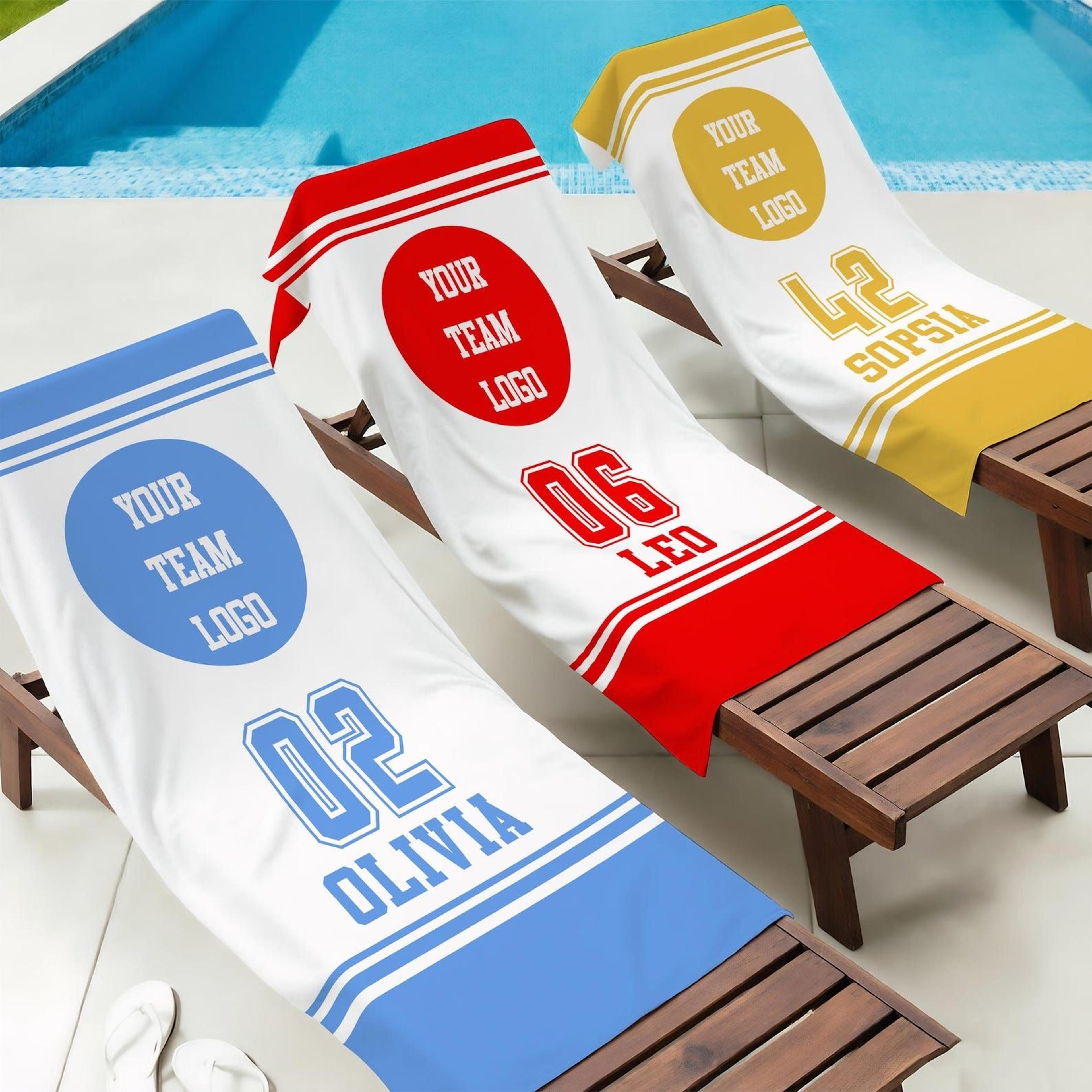 personalized sports team beach towel with logo, name & number – custom team pool towel for athletes & fans