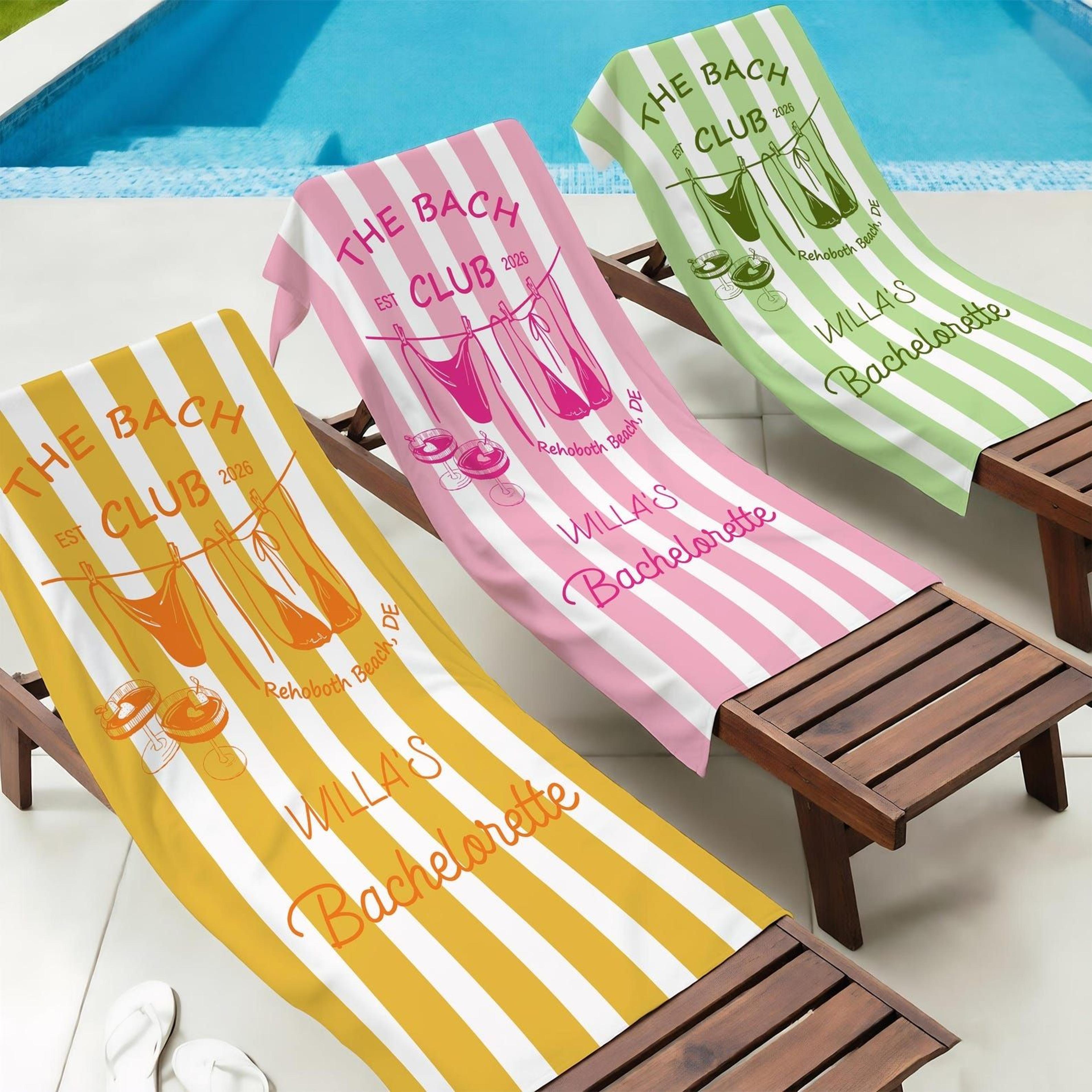 personalized striped beach towel with name – custom bachelorette party & kids summer pool towel