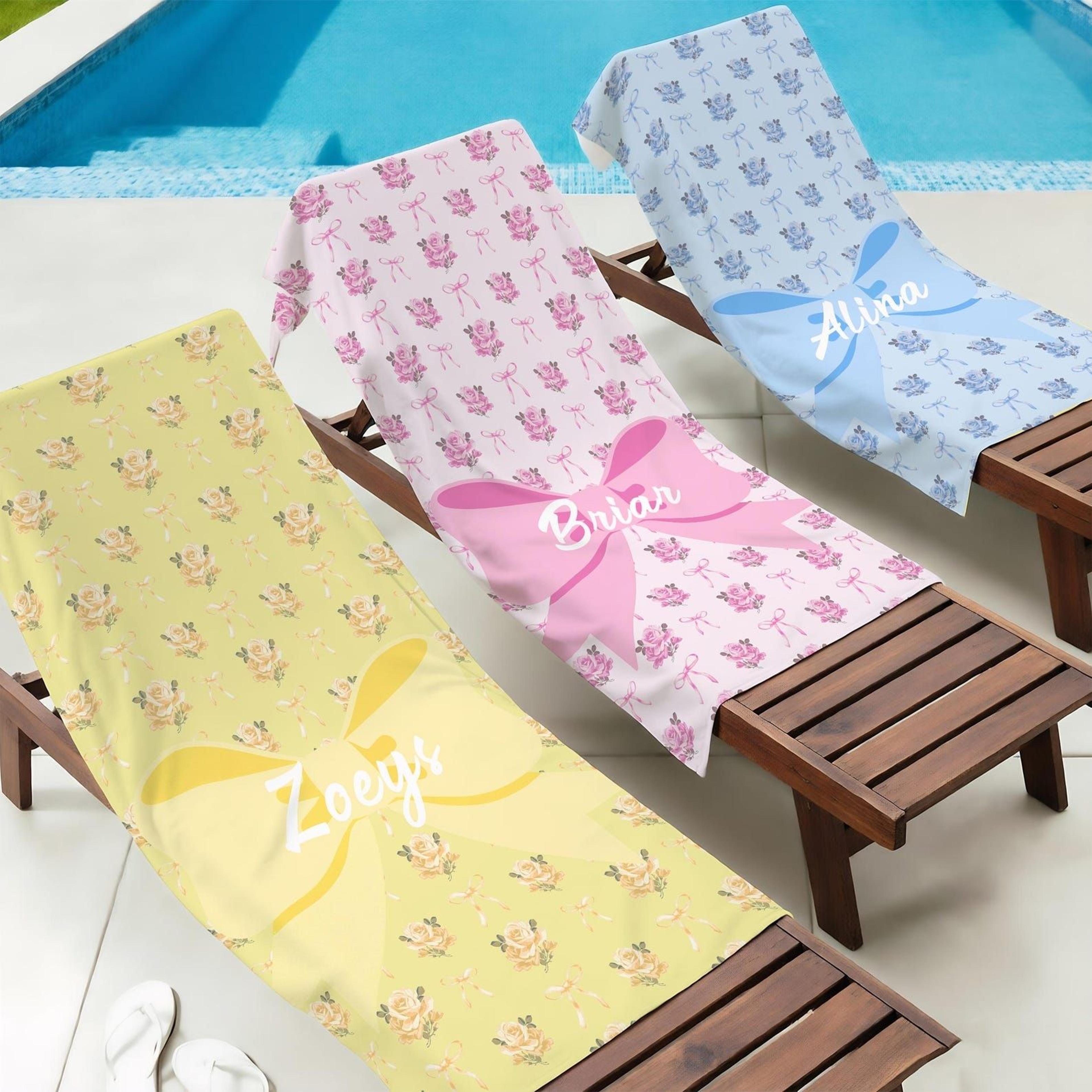 personalized floral bow pool towel with name – custom girls beach towel for summer vacations & gifts