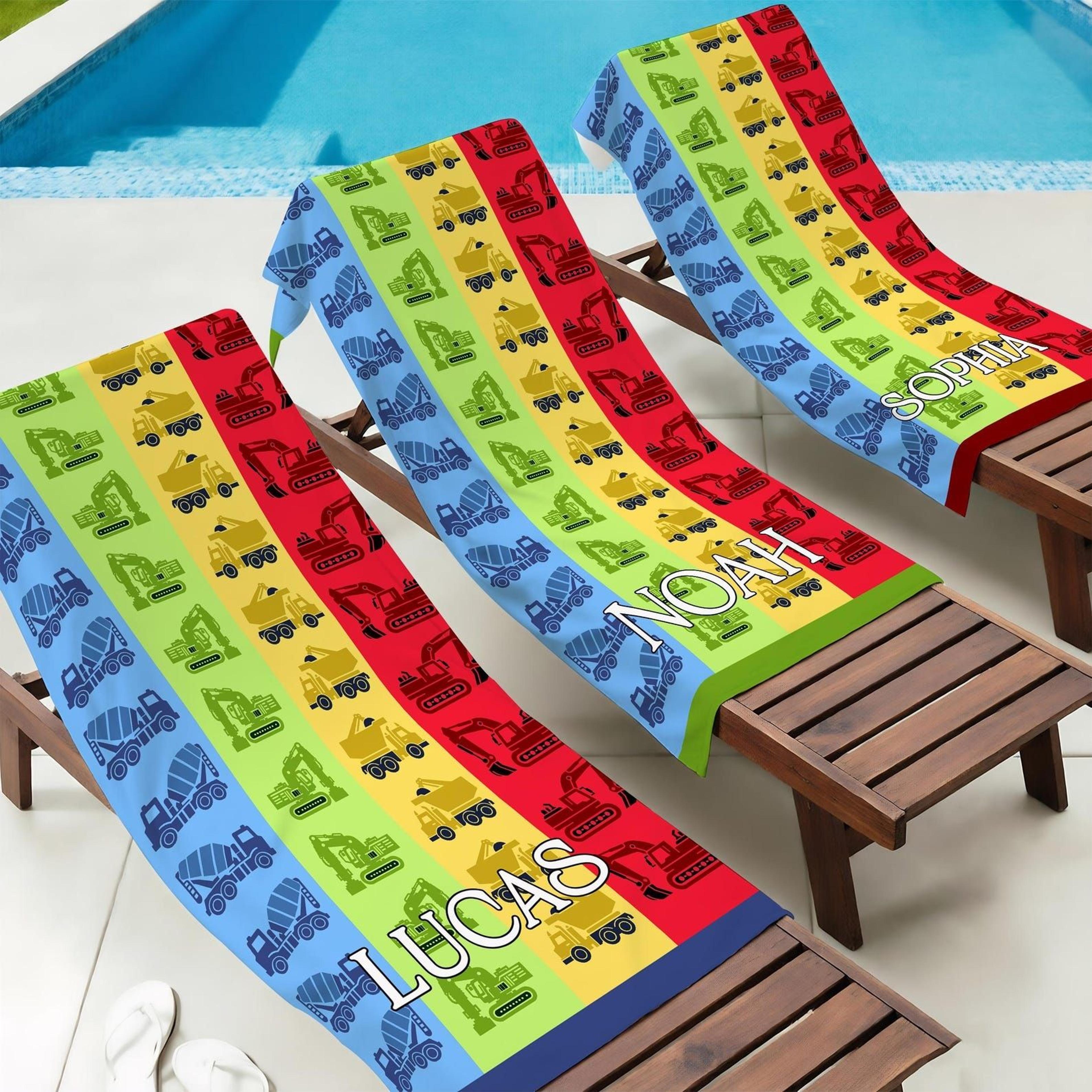 personalized construction trucks beach towel with name – custom kids pool & bath towel for summer fun