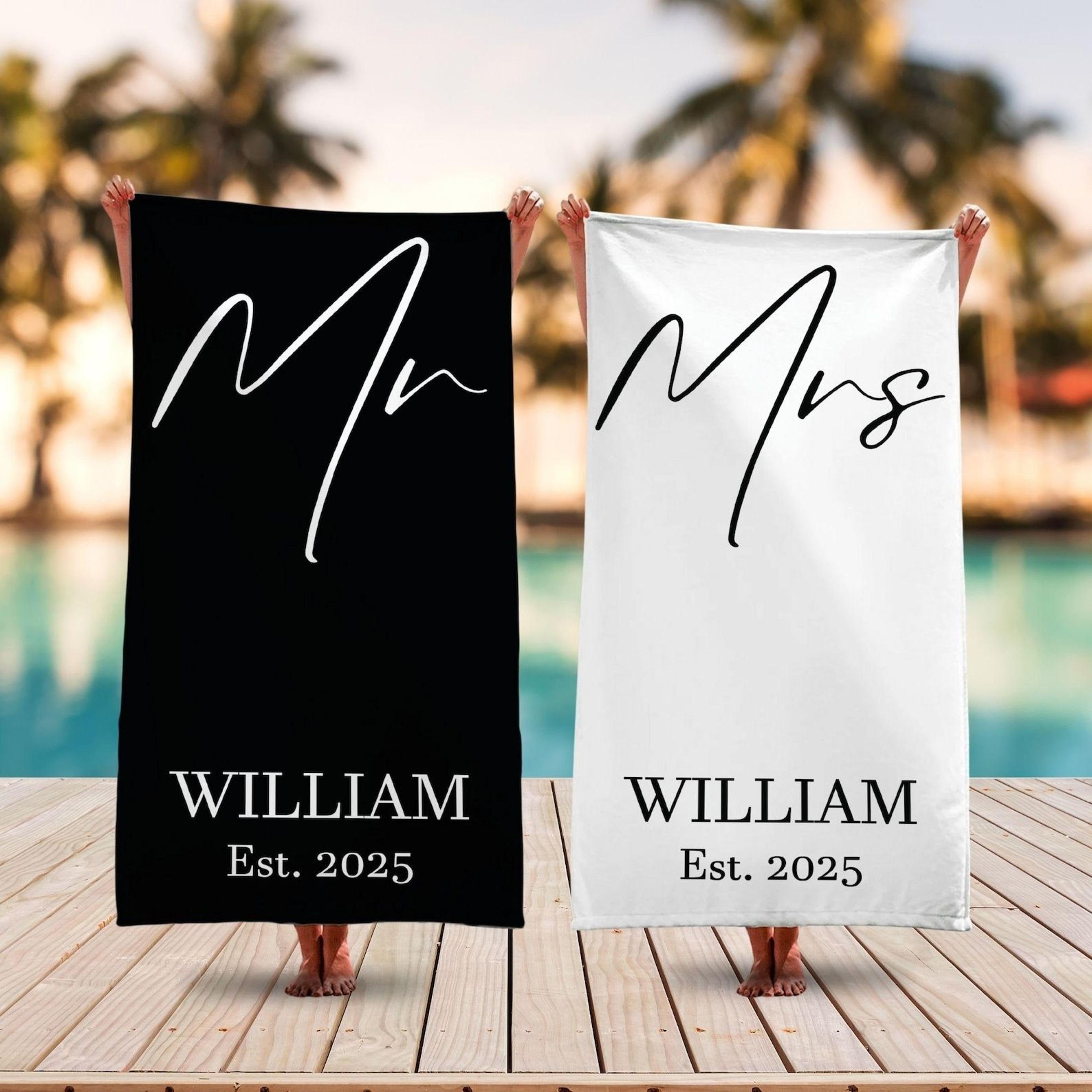 personalized mr & mrs beach towel set for couples, custom honeymoon & wedding gift