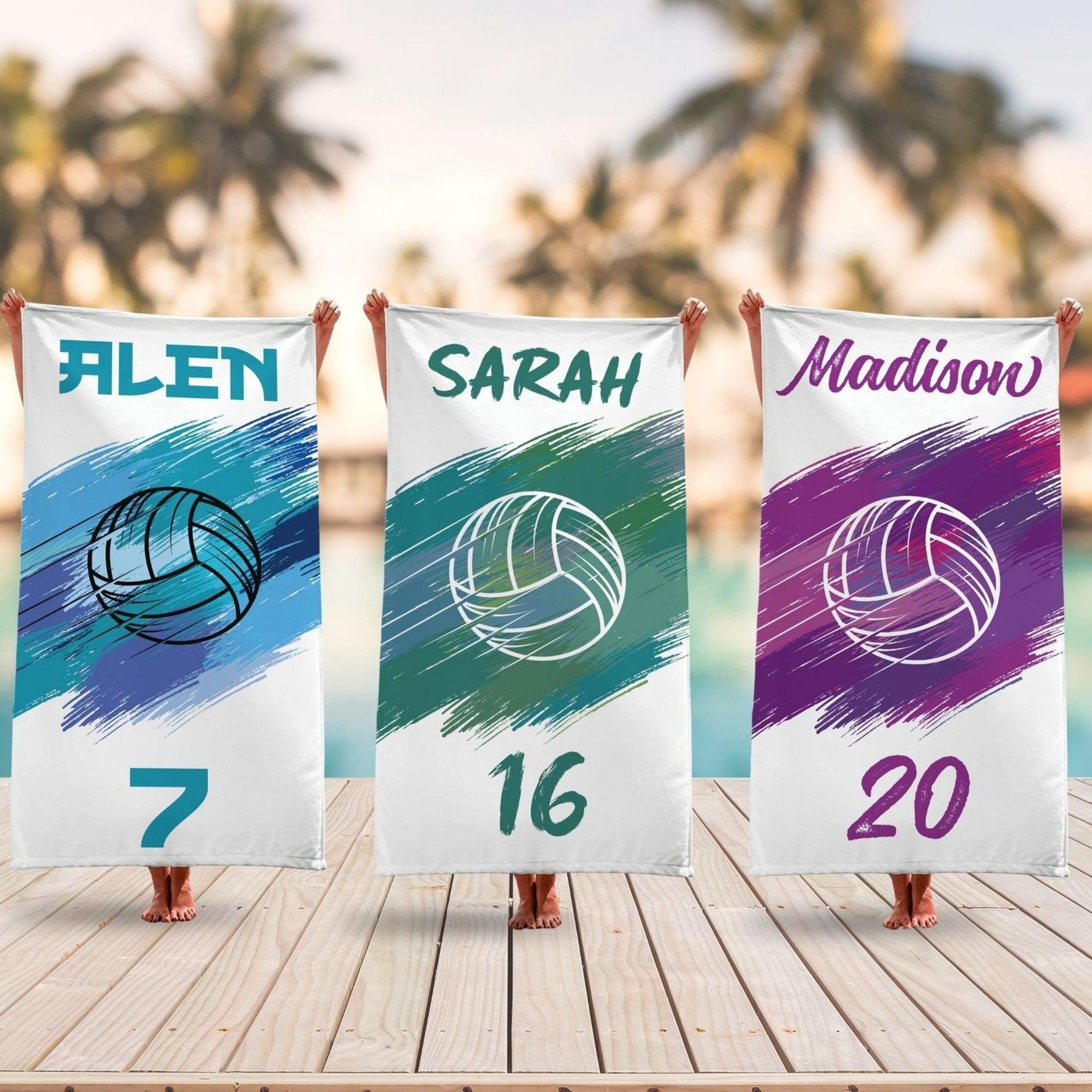 personalized volleyball team beach towel, custom player name sports gift for teams & athletes
