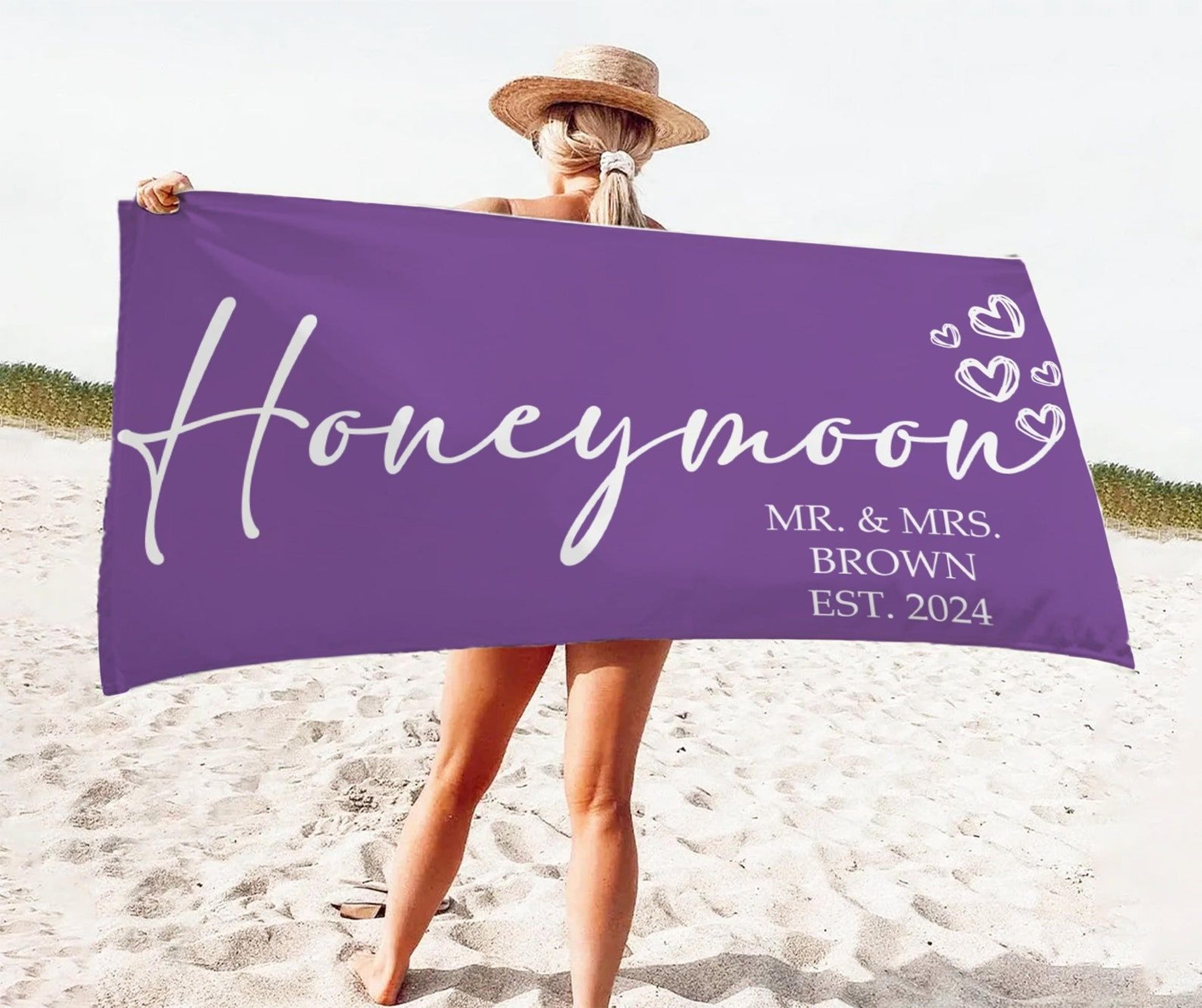 personalized mr & mrs honeymoon beach towel, custom newlywed pool & wedding gift