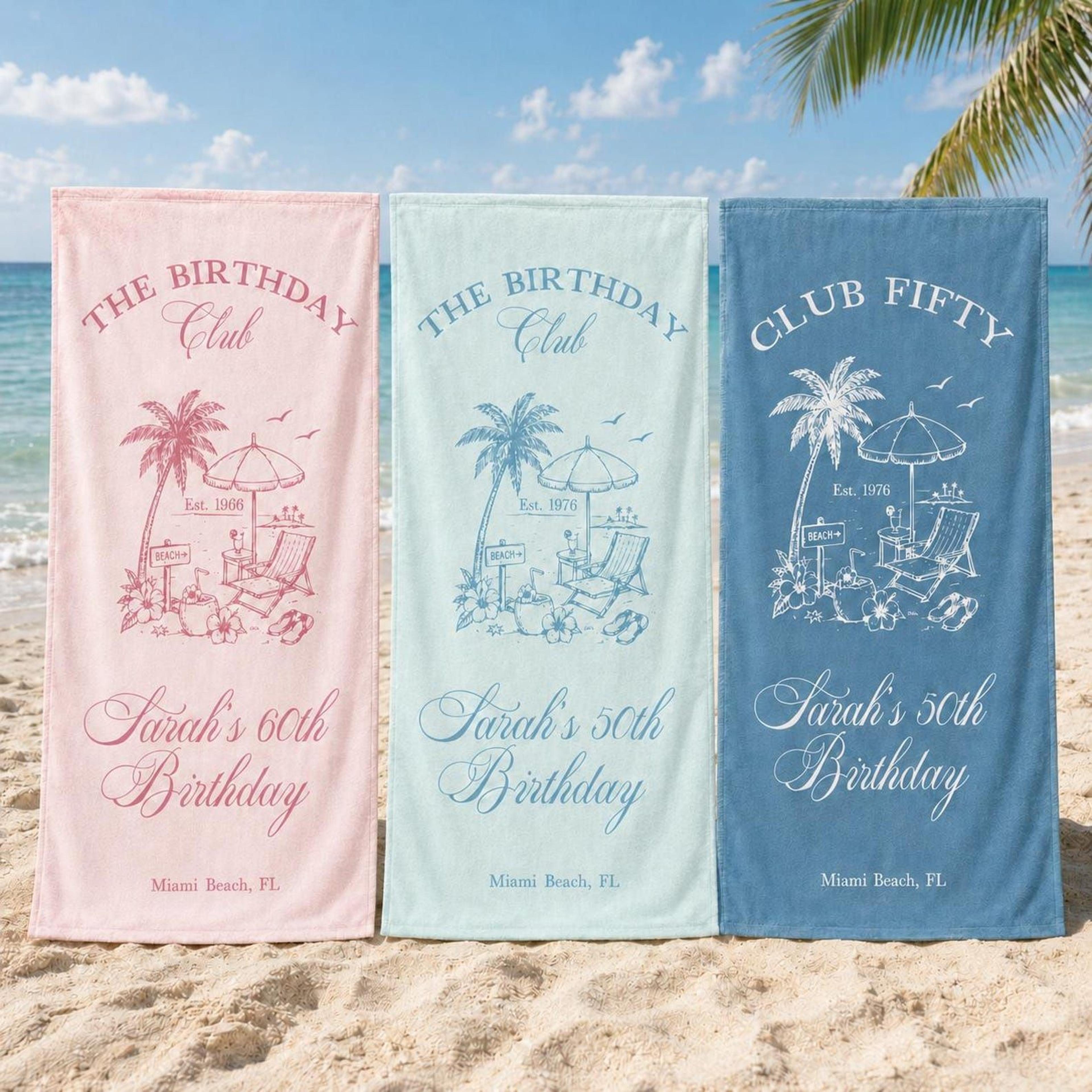 personalized birthday trip beach towel, custom coastal vacation gift for mom & friends