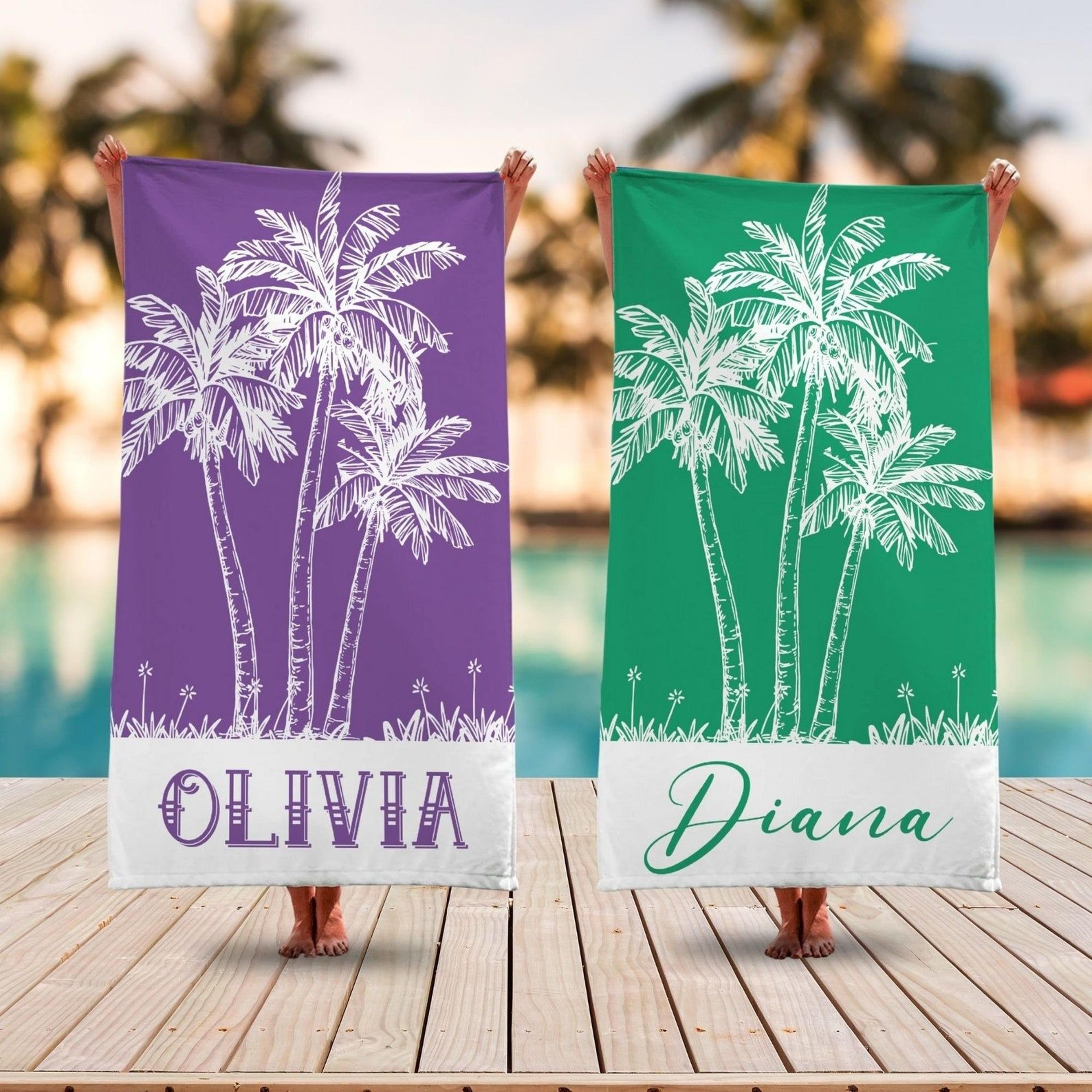 palm tree personalized beach towel with name, custom pool & vacation gift