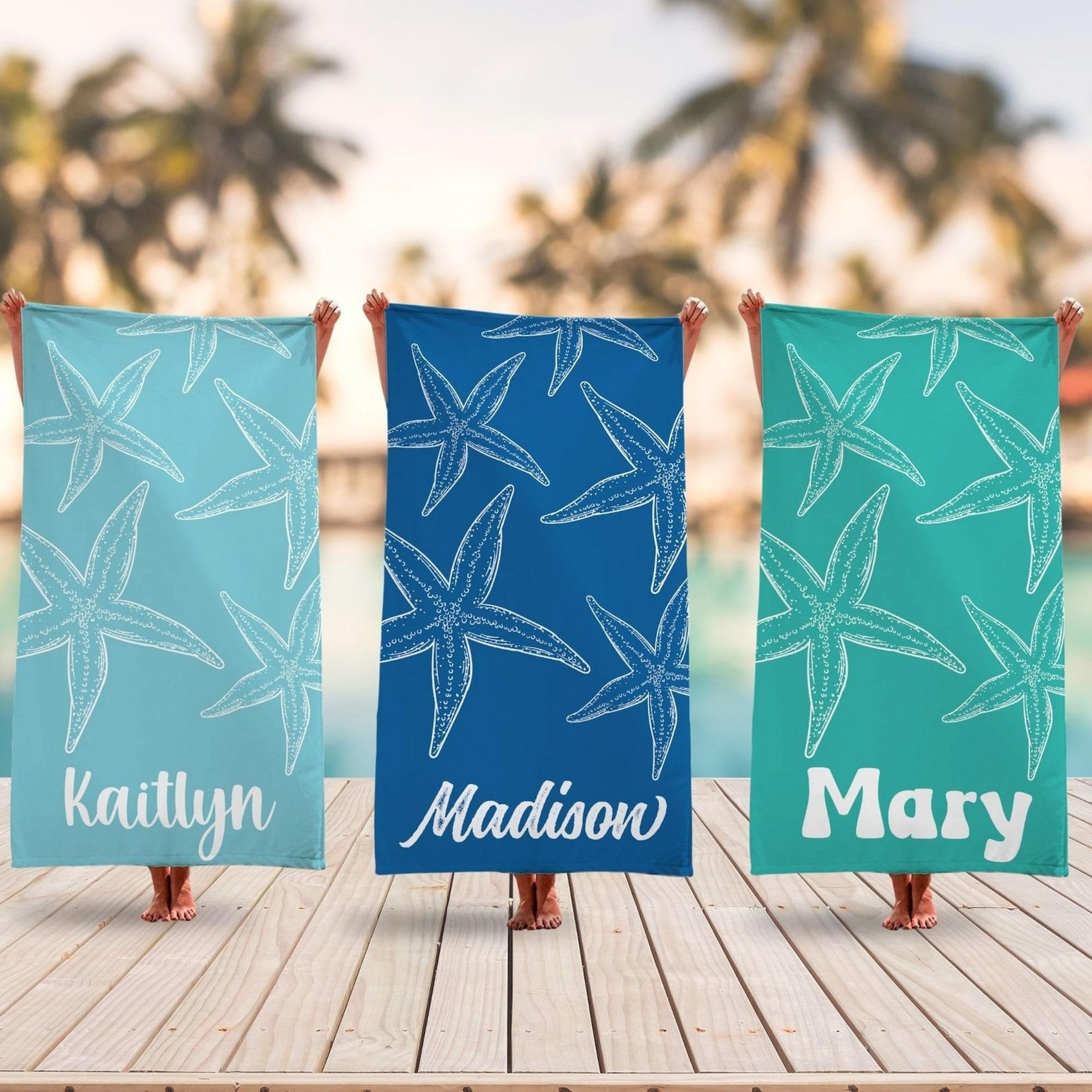 starfish personalized beach towel with name, tropical pool & bachelorette party gift