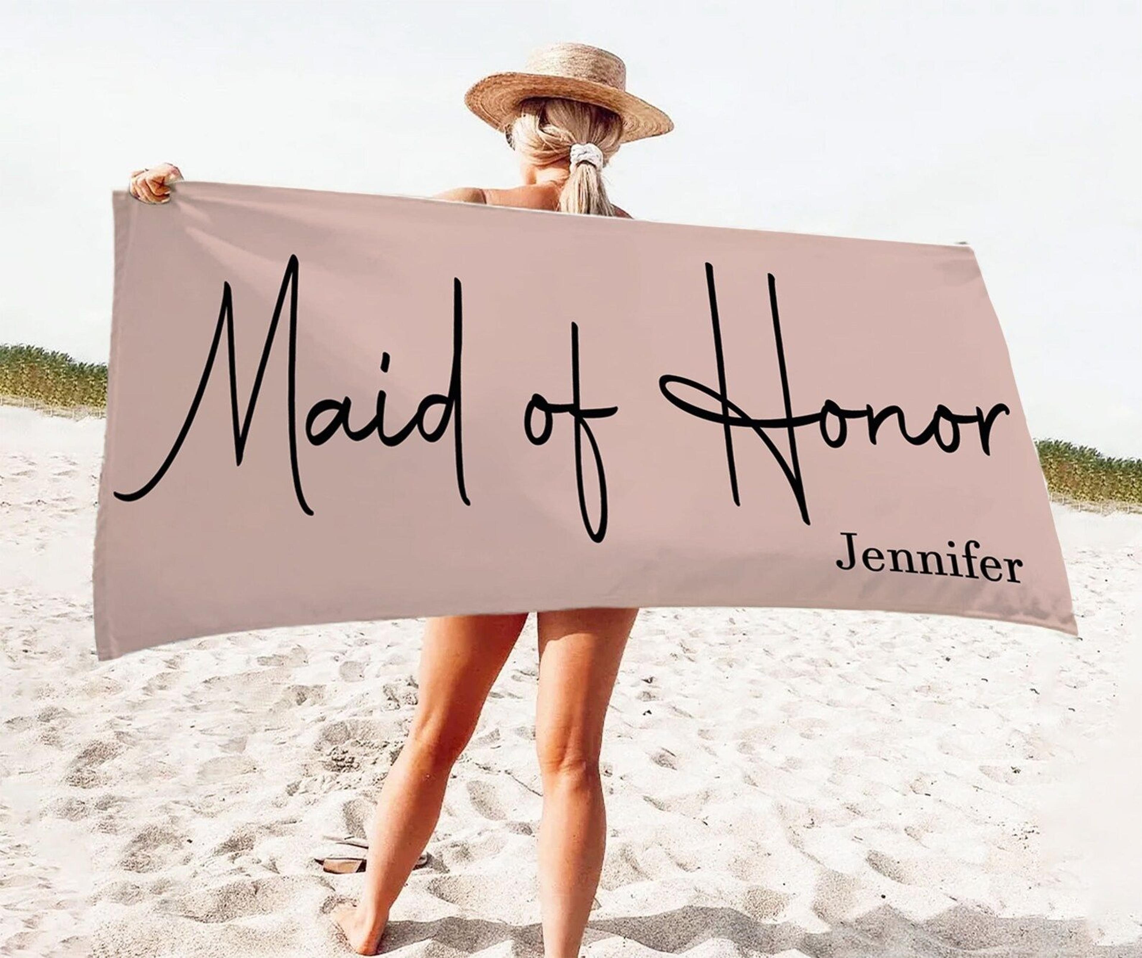 personalized maid of honor beach towel, custom bridesmaid name pool & bridal party gift