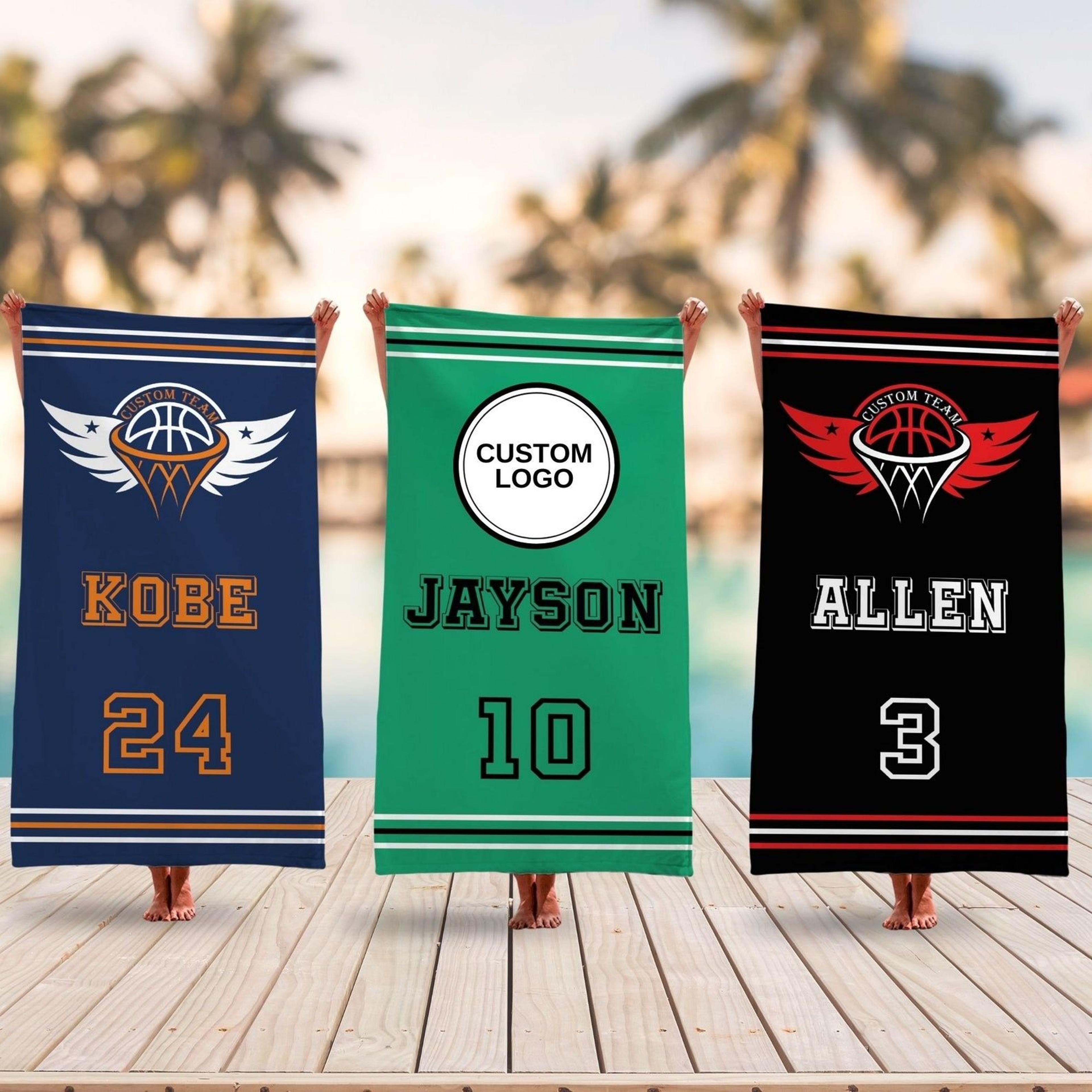 personalized basketball team beach towel with logo, custom player name sports gift