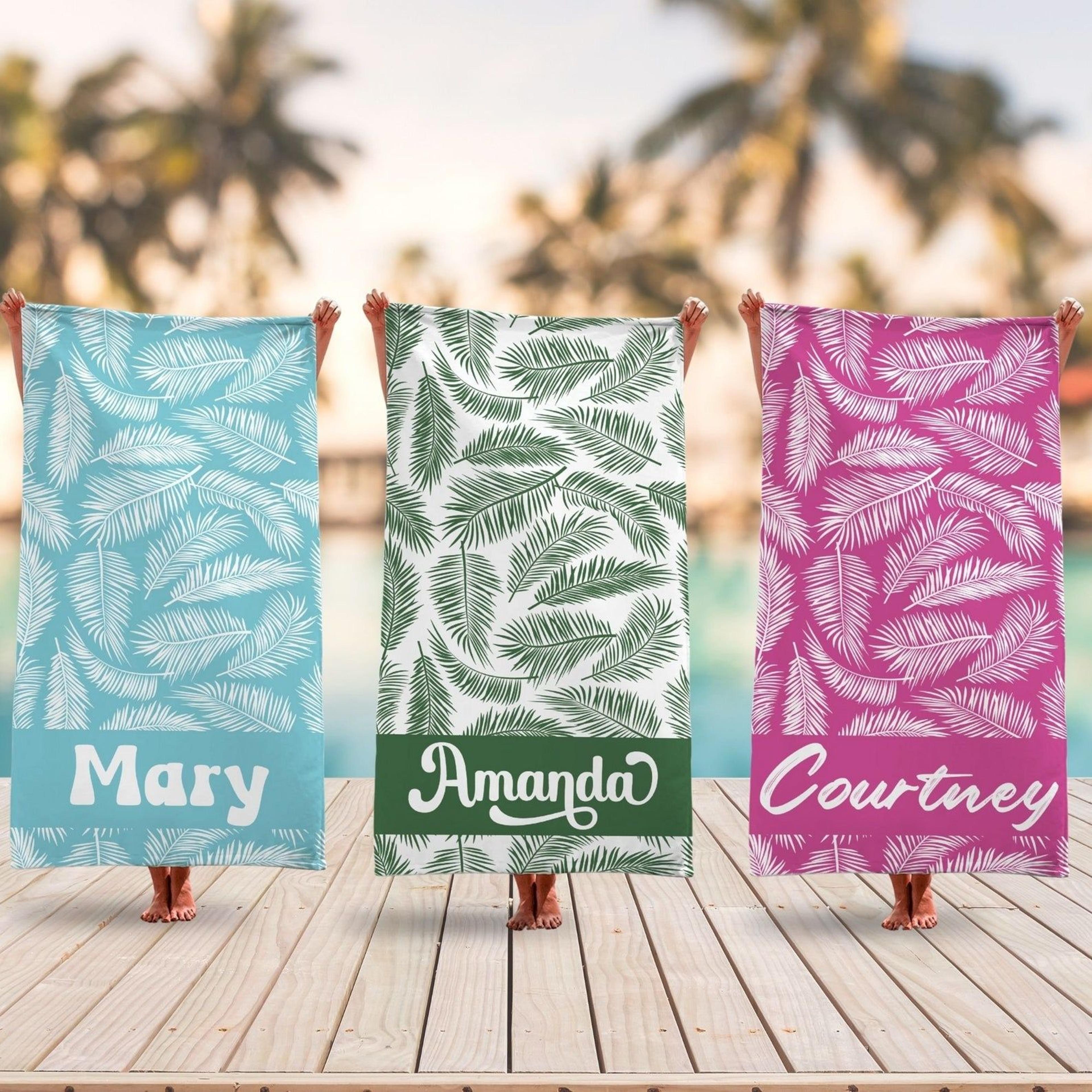 palm leaf personalized beach towel with name, tropical monstera vacation gift