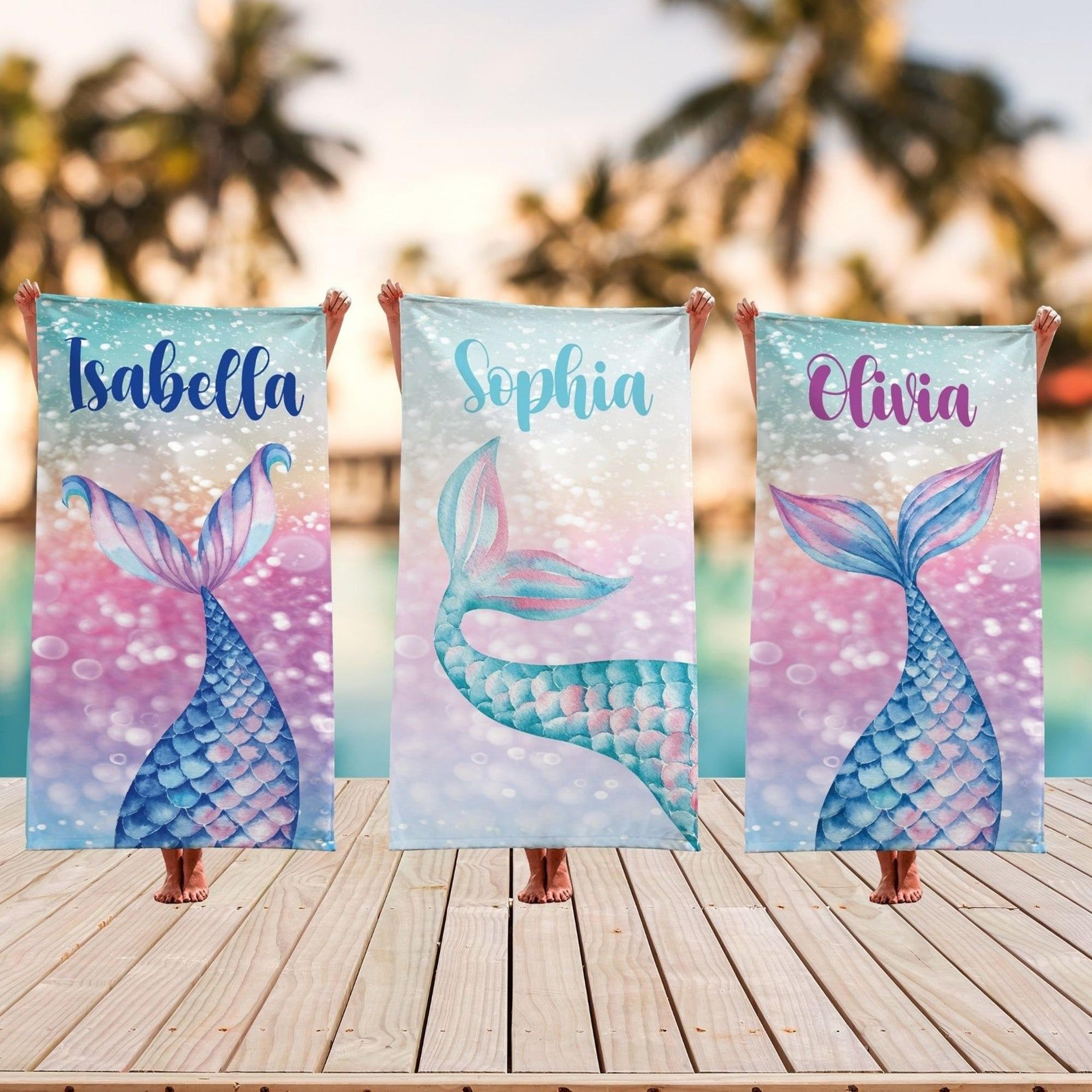 personalized mermaid tail beach towel with name, custom mermaid birthday & pool party gift