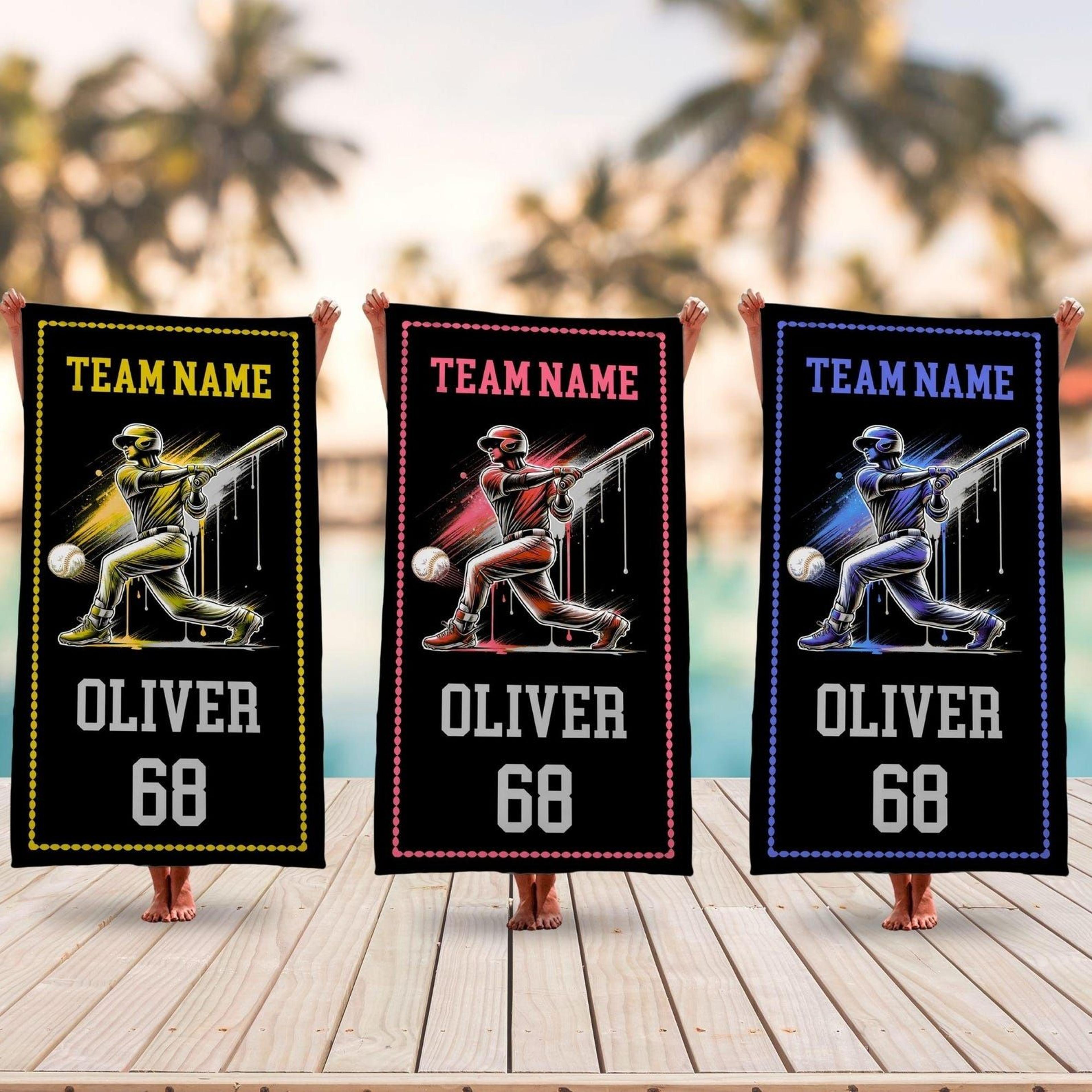 personalized drip baseball beach towel with name, custom ice cream baseball gift for boys