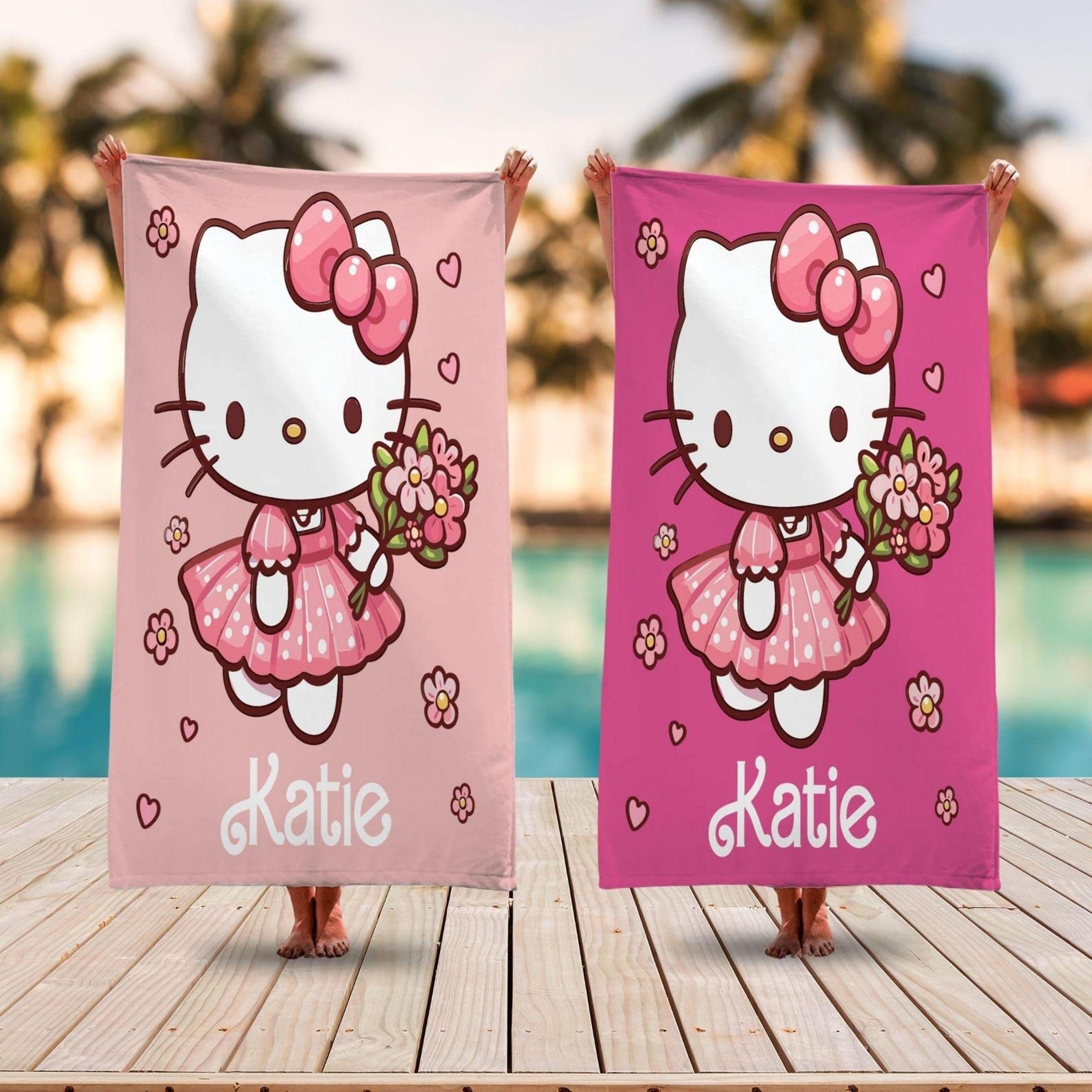 personalized cute kitty beach towel with name, custom kids pool towel gift for girls