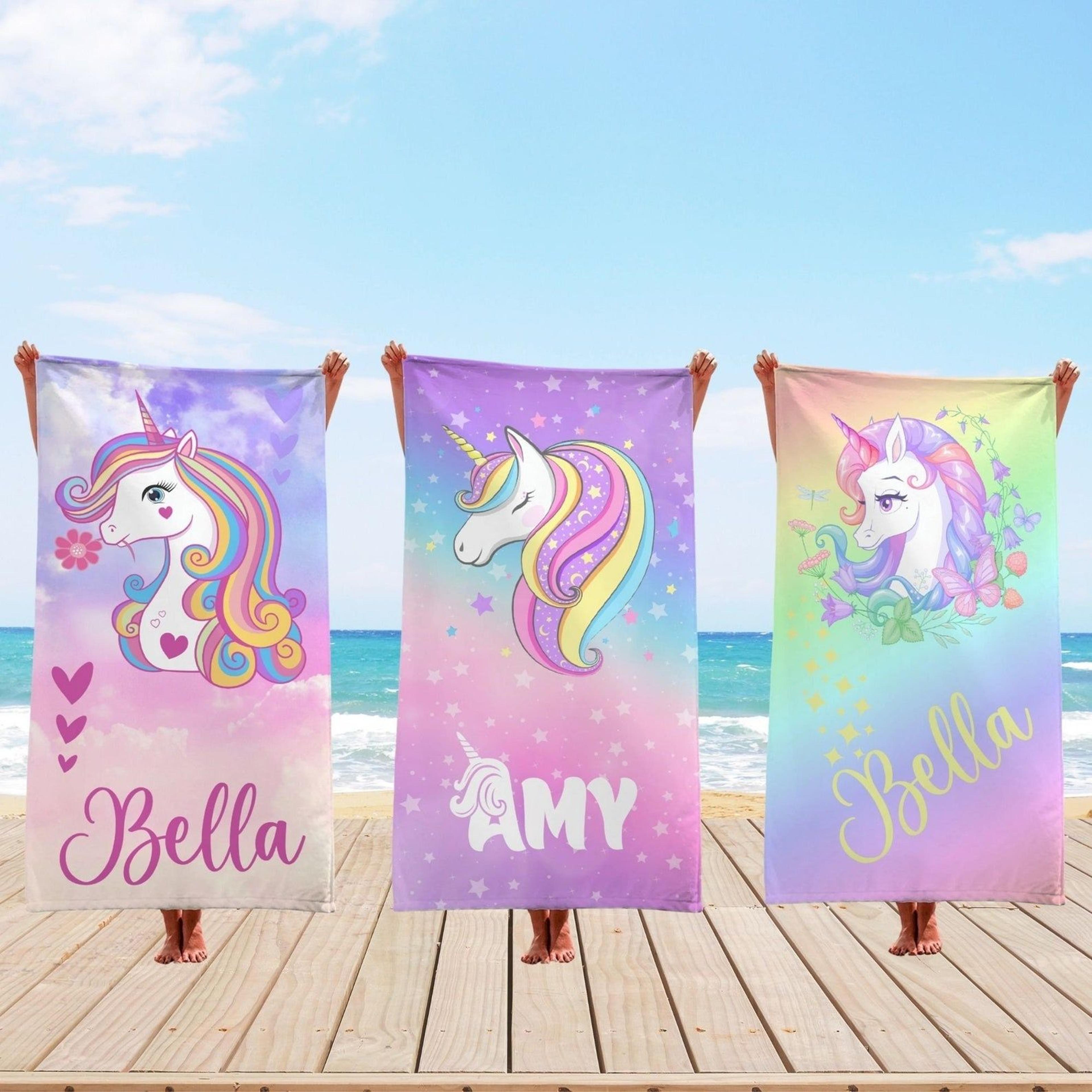 personalized unicorn beach towel with name, custom pool & birthday gift for girls