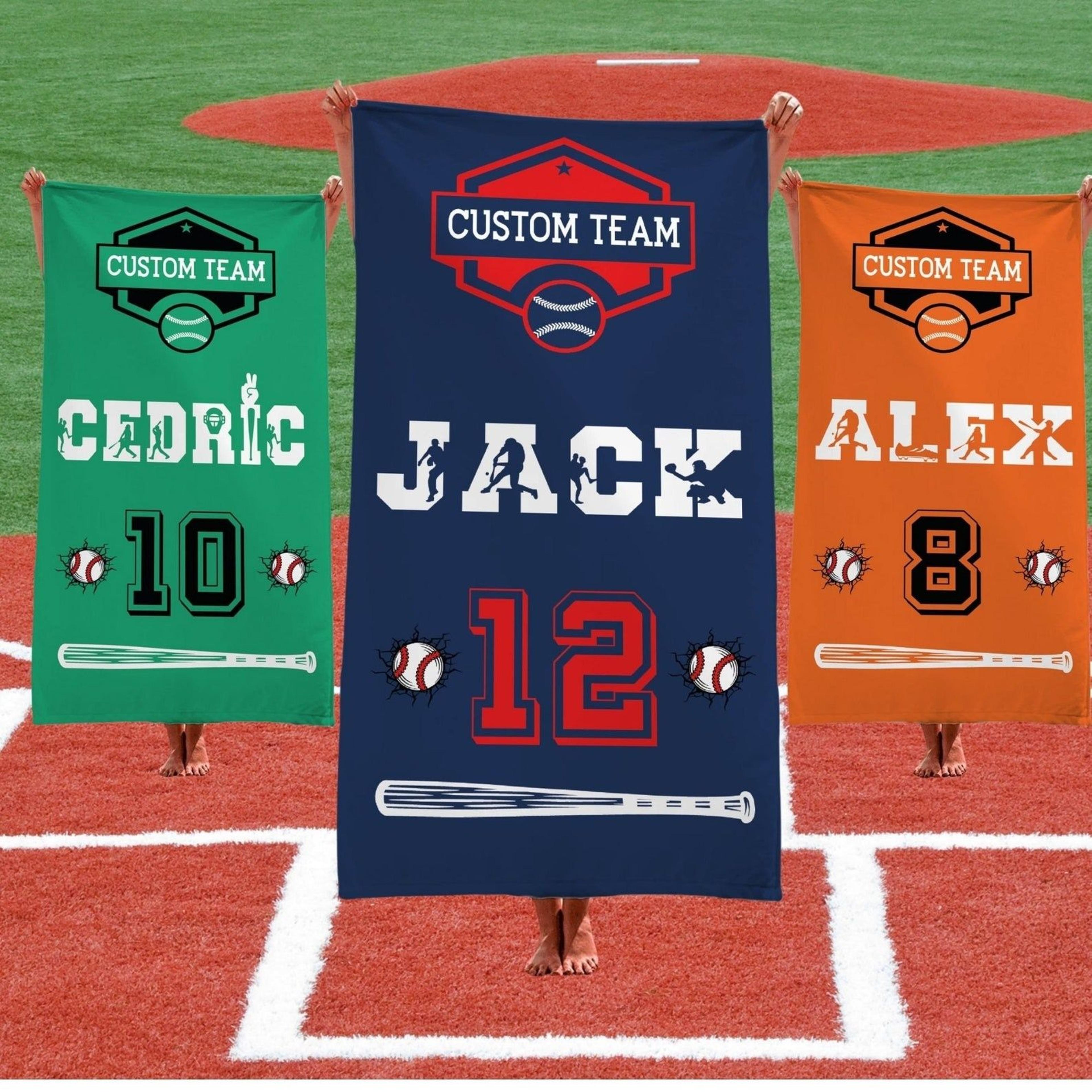 personalized baseball beach towel with name, custom team pool gift for baseball players