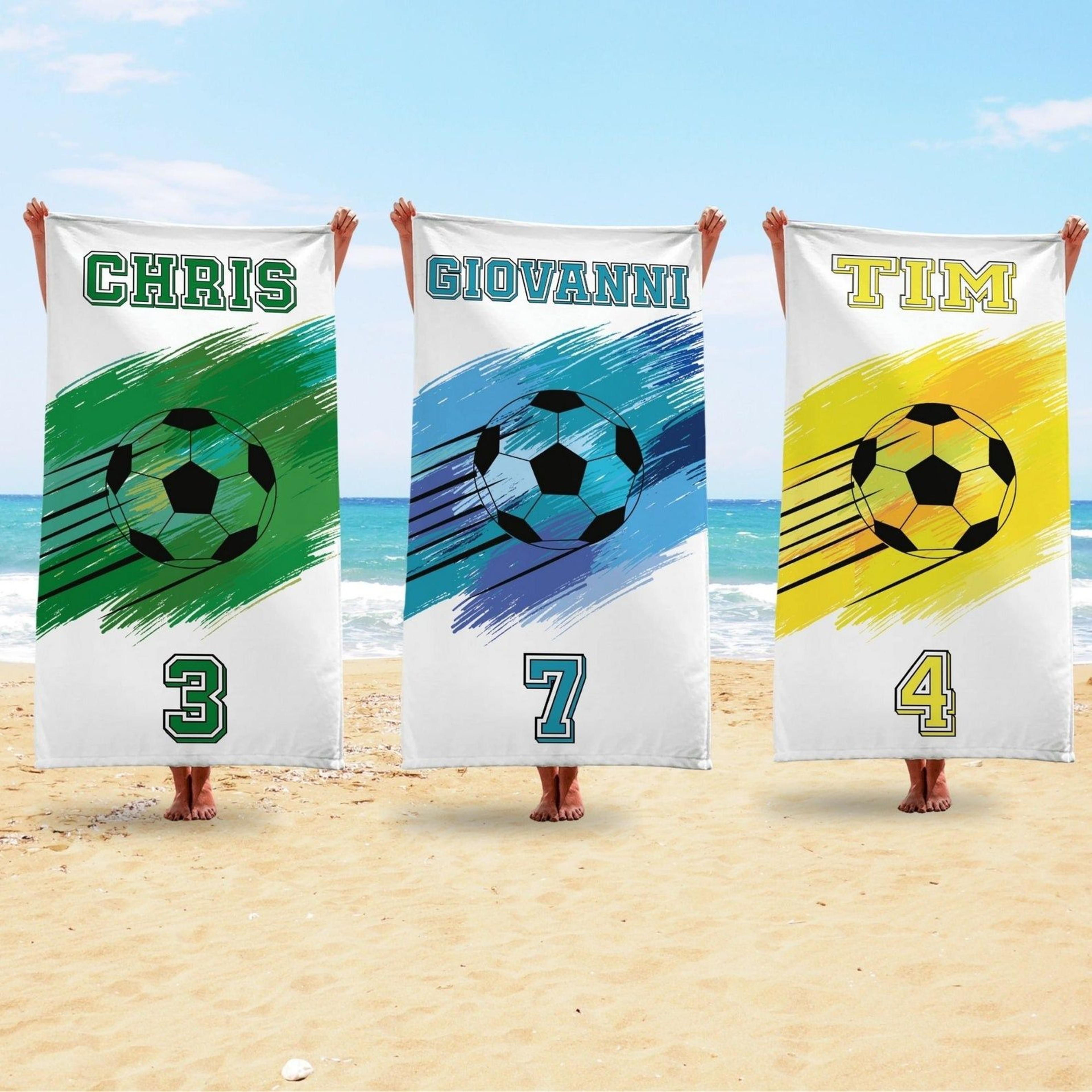 personalized soccer team beach towel with name, custom football player pool gift