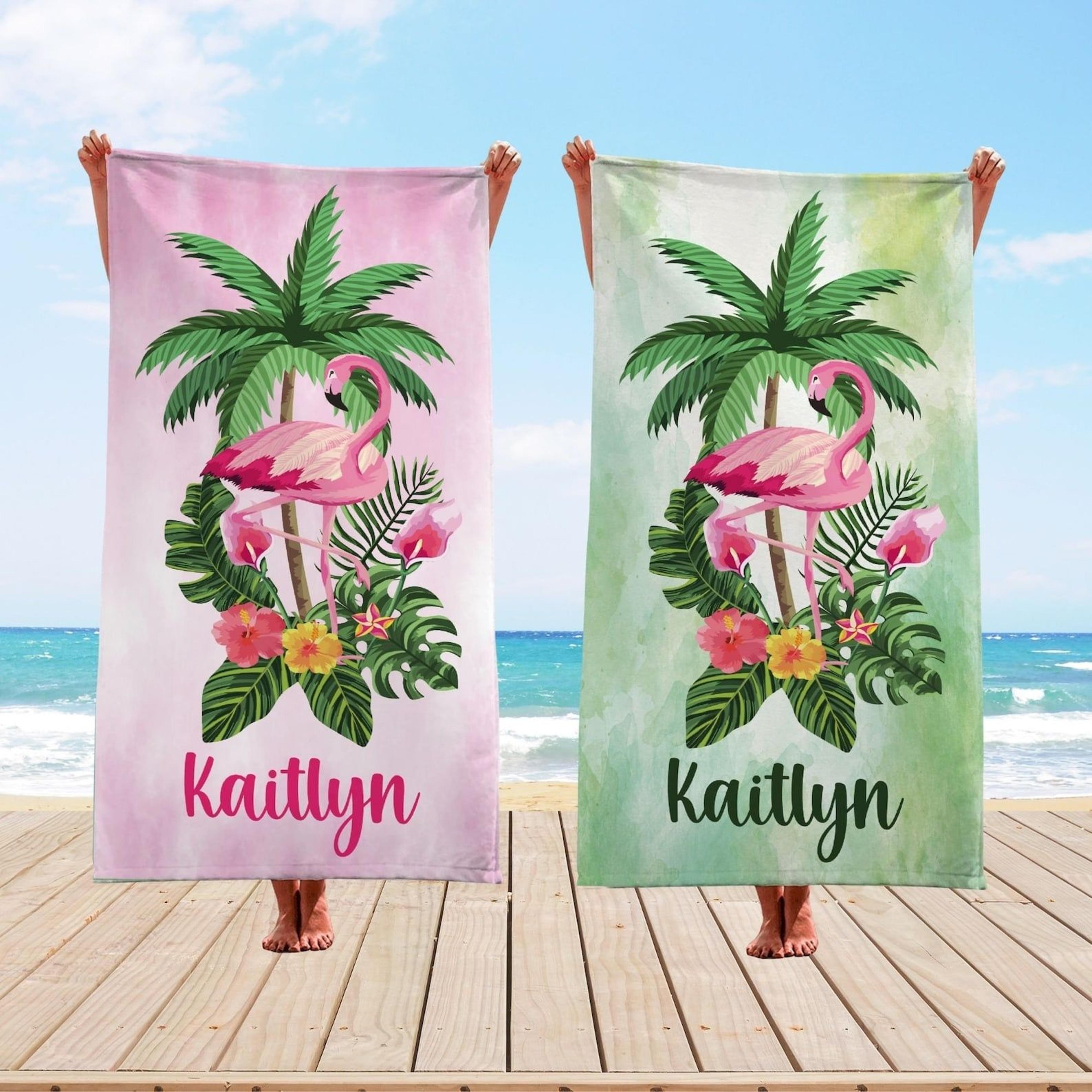 personalized pink flamingo beach towel with name, tropical floral pool & vacation gift