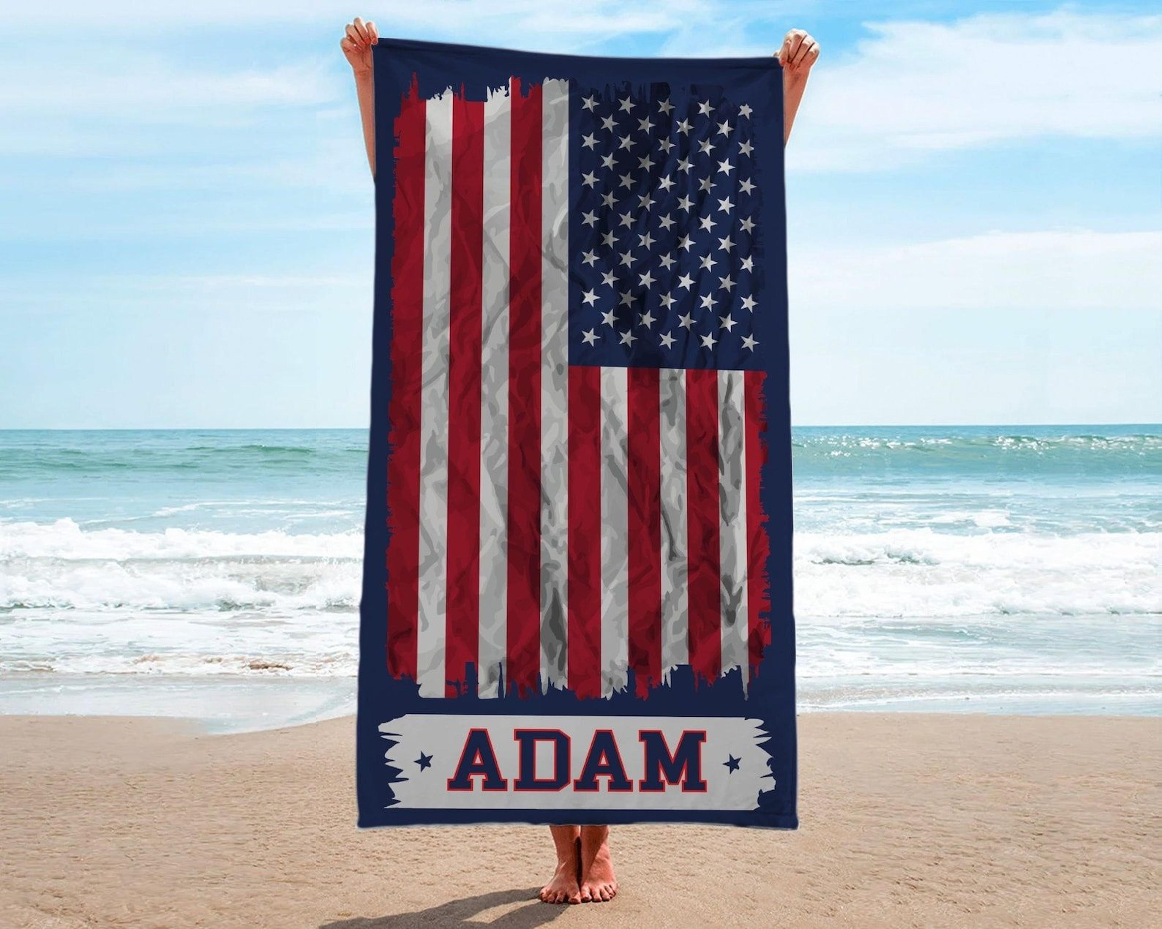 personalized american flag beach towel, custom usa patriotic pool & vacation gift