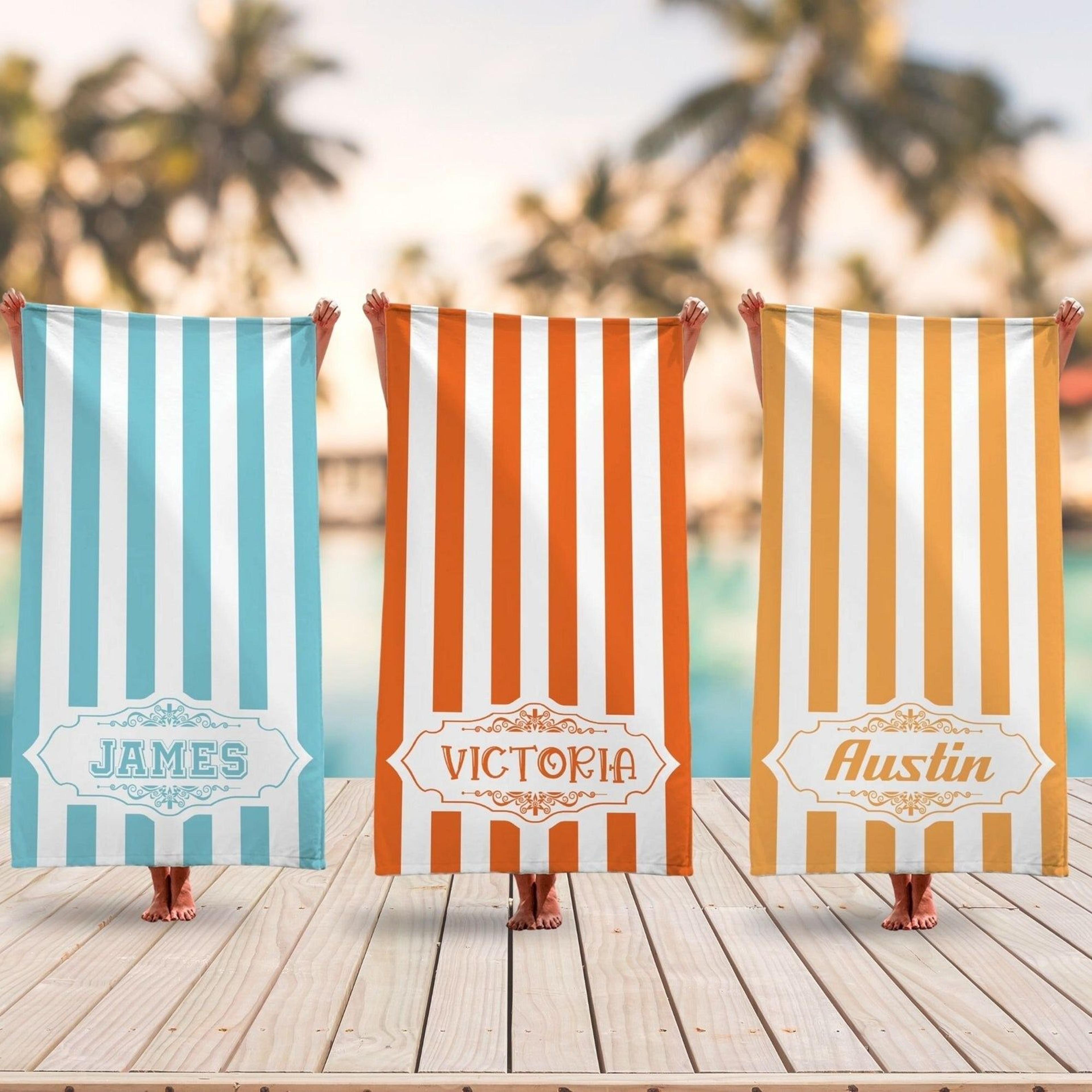 striped personalized beach towel with name, custom bridesmaid & wedding pool gift
