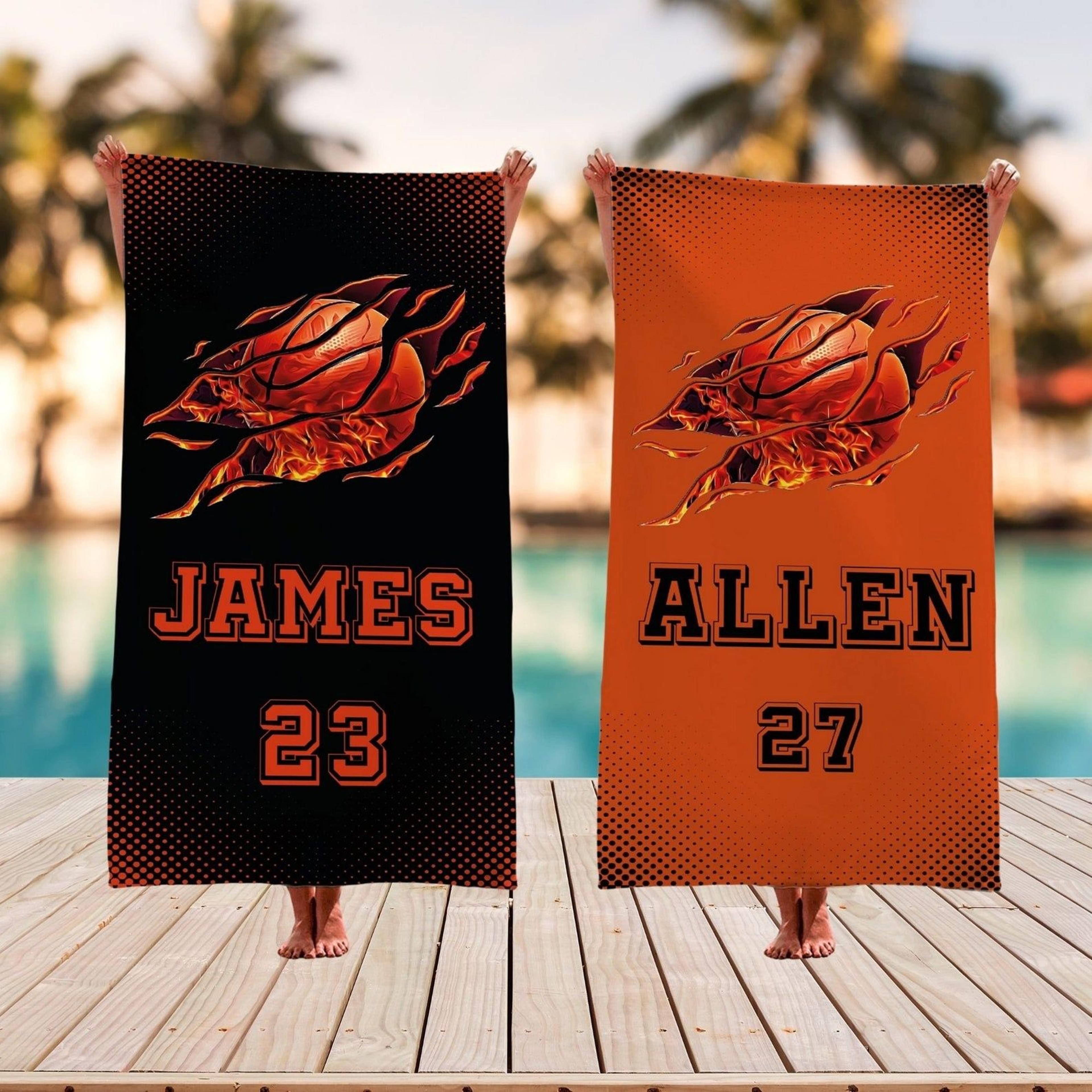 personalized basketball beach towel with name, custom team pool gift for basketball players