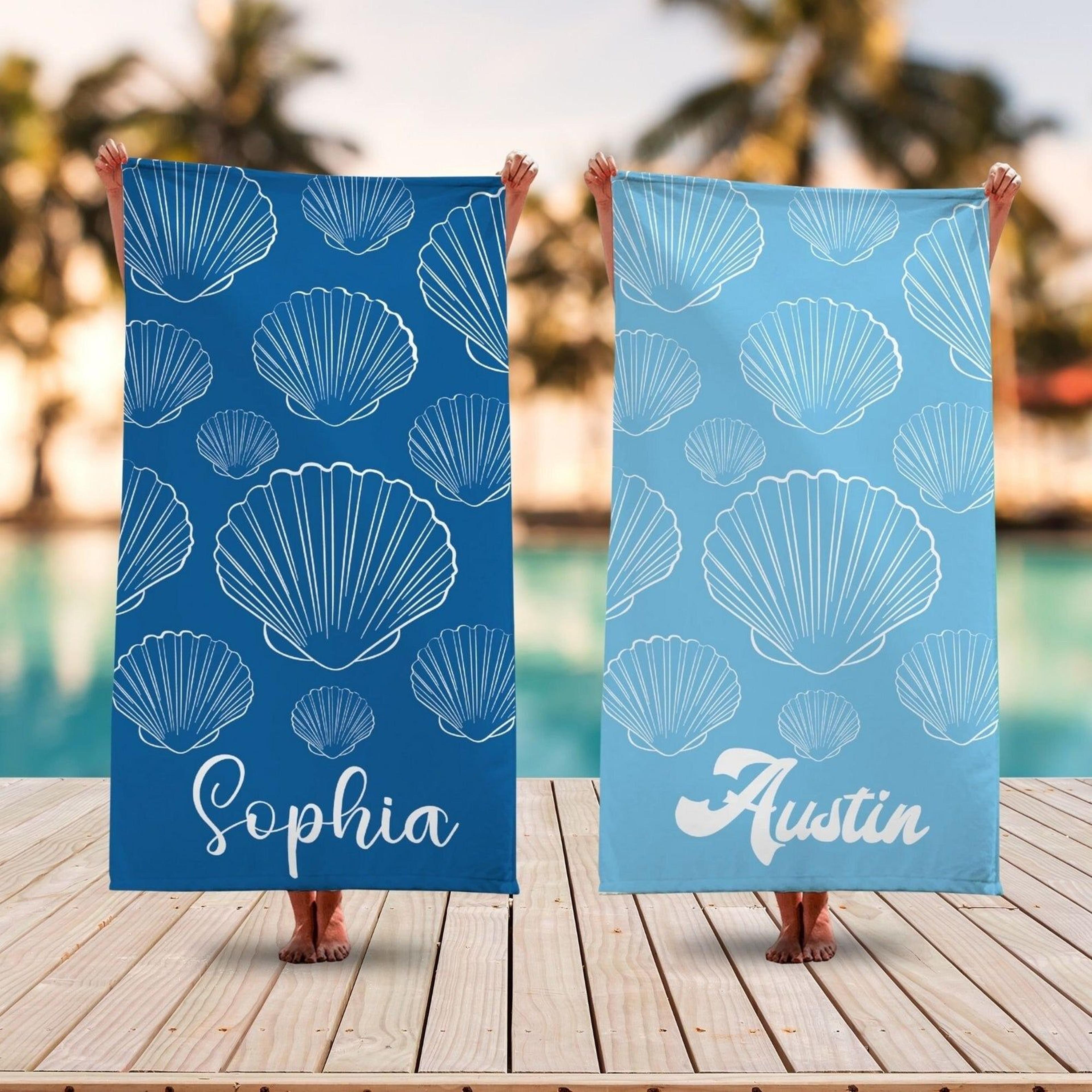 seashell personalized beach towel with name, ocean inspired pool & vacation gift
