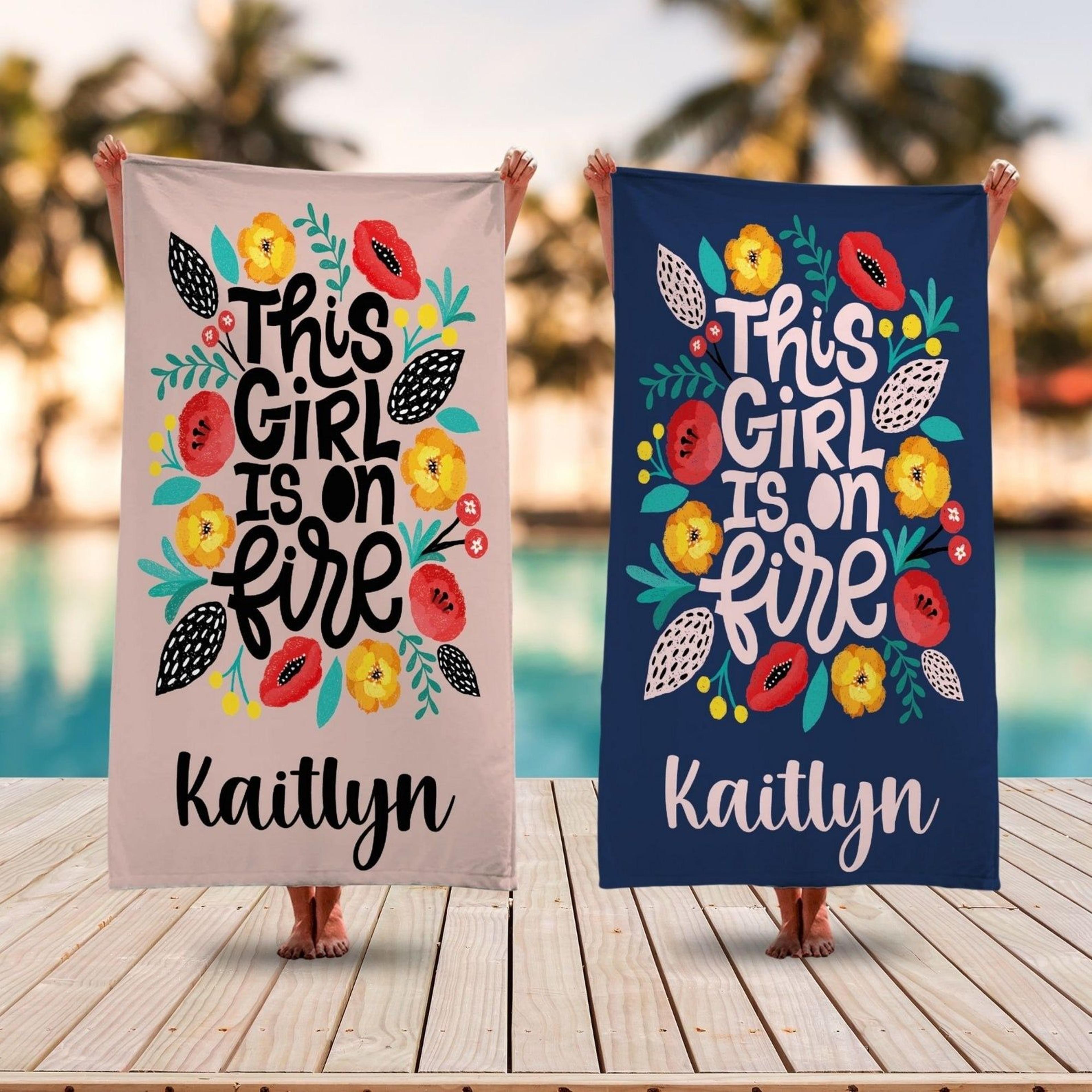 this girl is on fire personalized beach towel with name, custom party & birthday gift