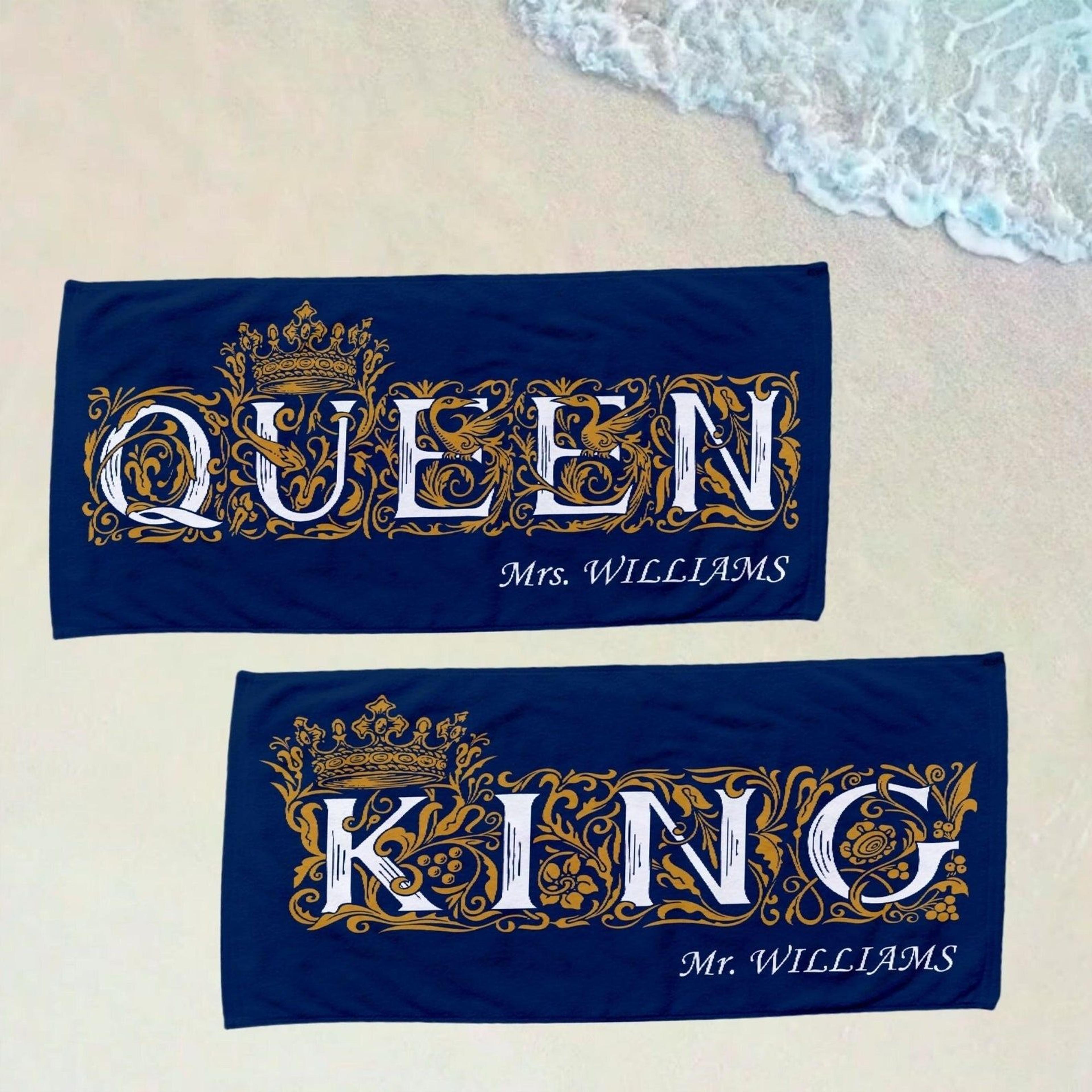 personalized king and queen beach towel, just married honeymoon & newlywed gift