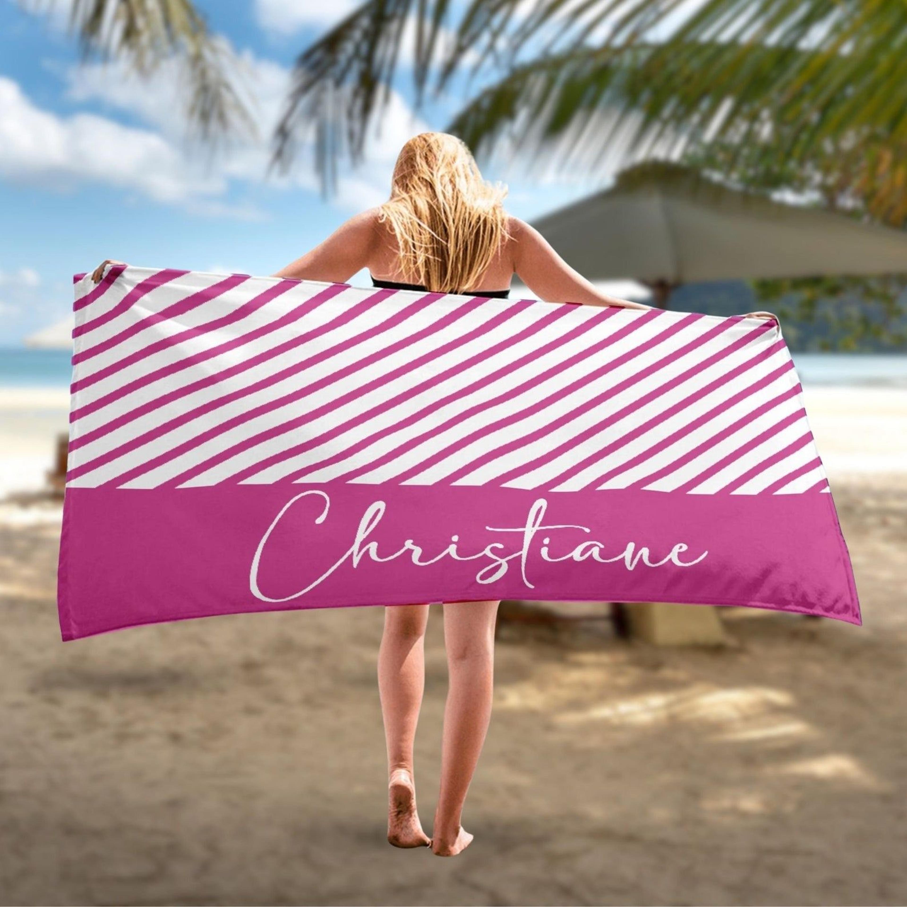 colorful personalized beach towel with name, striped bridesmaid & bachelorette party gift