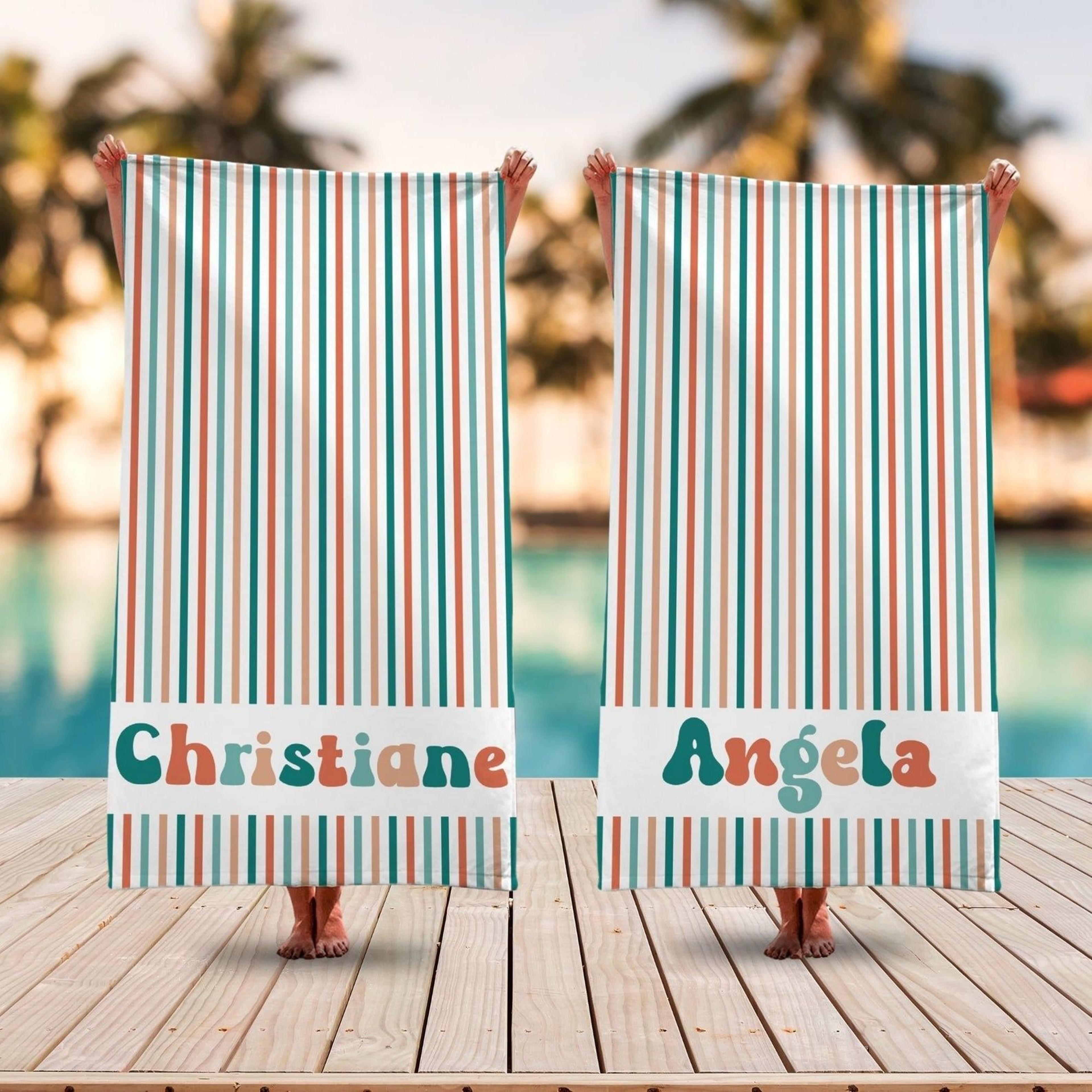 colorful personalized beach towel with name, striped bridesmaid, kids & pool party gift