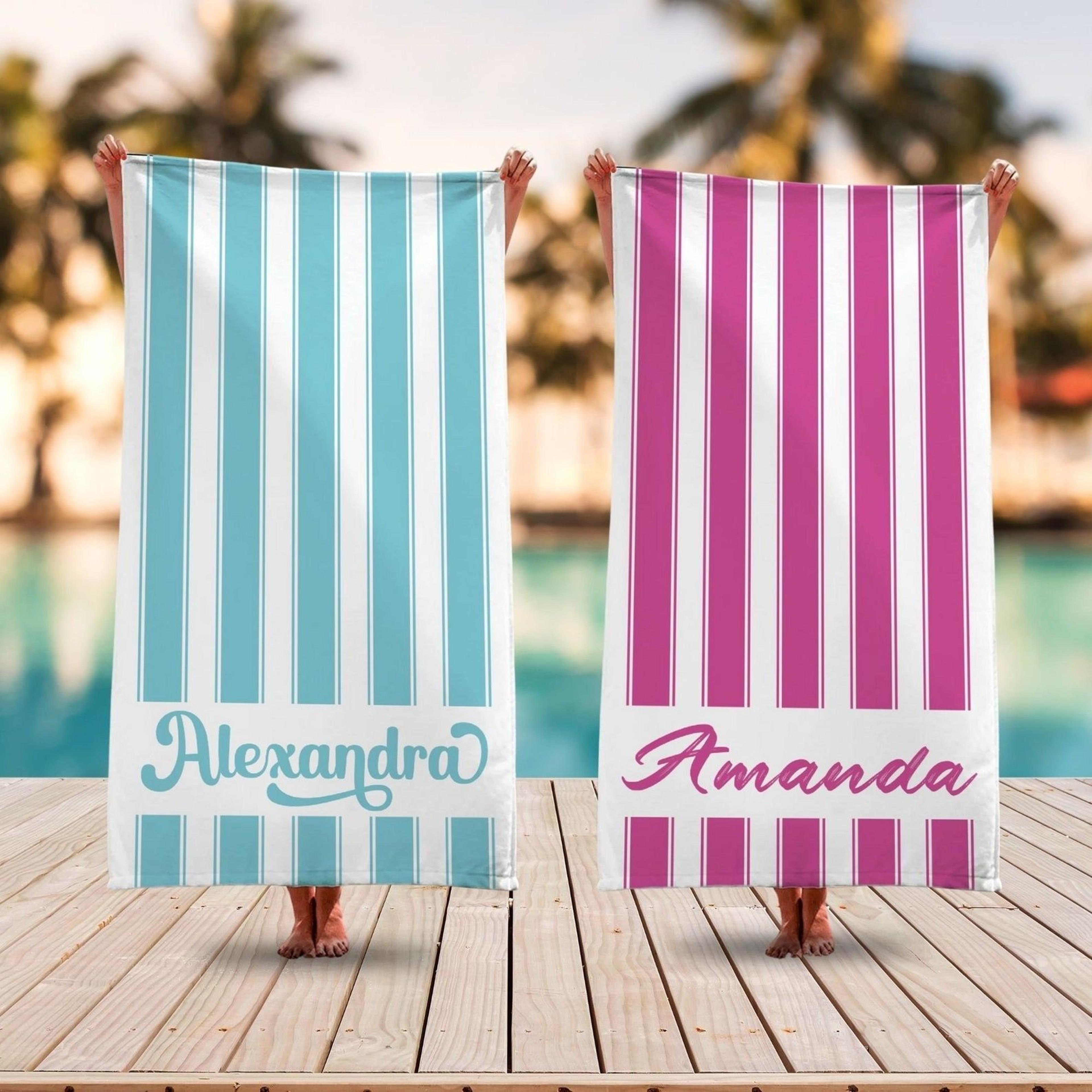 vertical stripe personalized beach towel with name, colorful bridesmaid & vacation gift