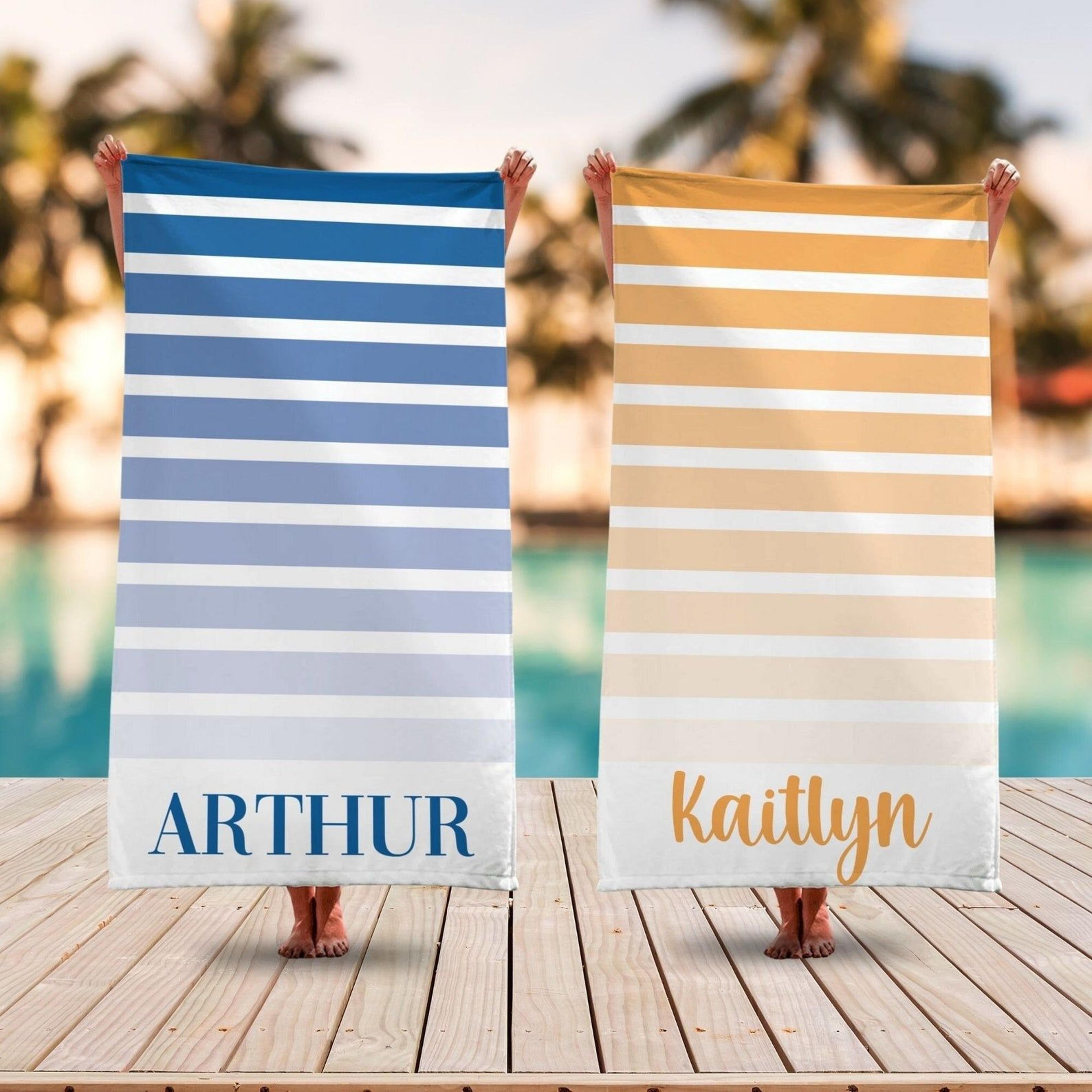 striped colorful personalized beach towel with name, bridesmaid, bachelorette & kids gift