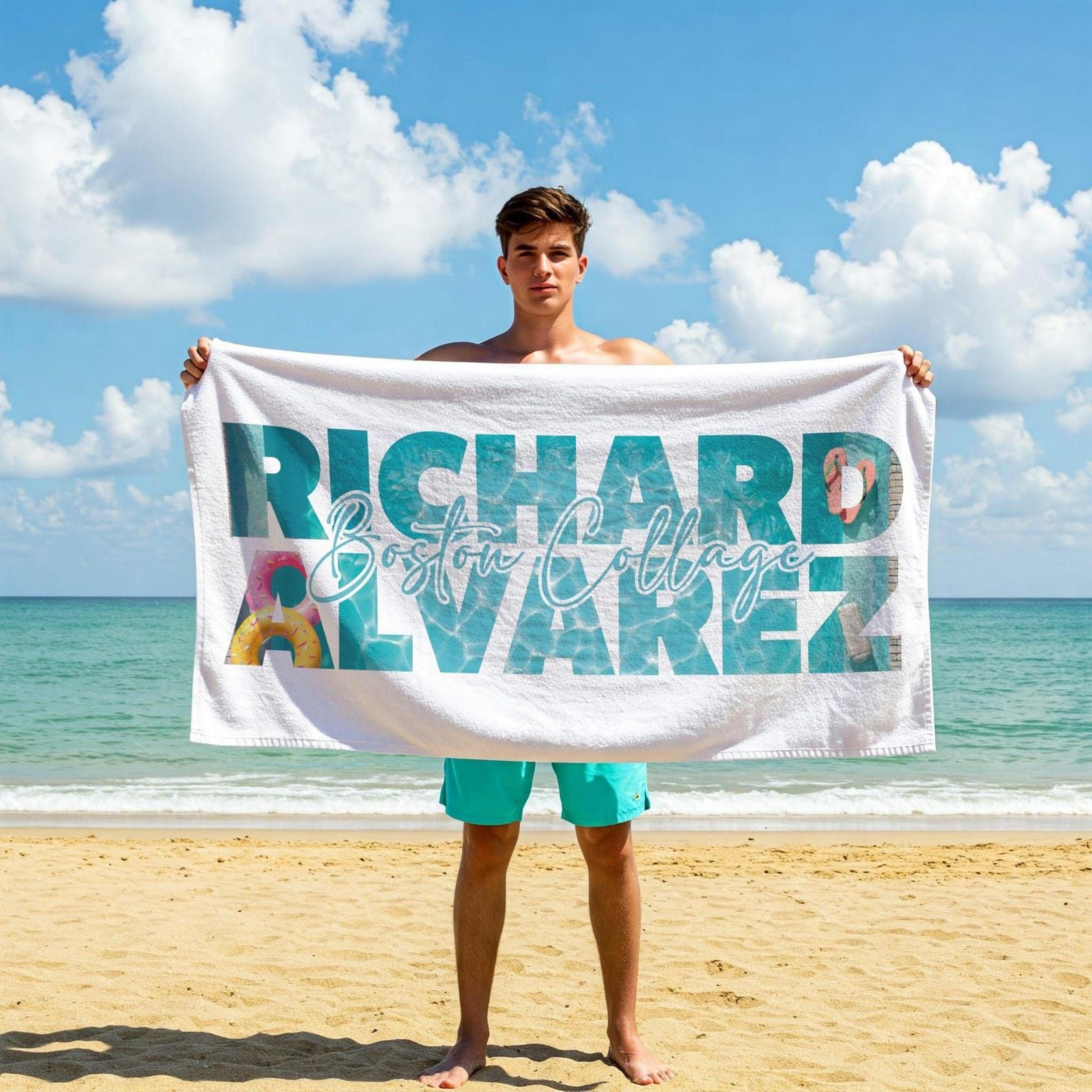 personalized tropical beach towel with name, custom vacation & bachelorette party gift