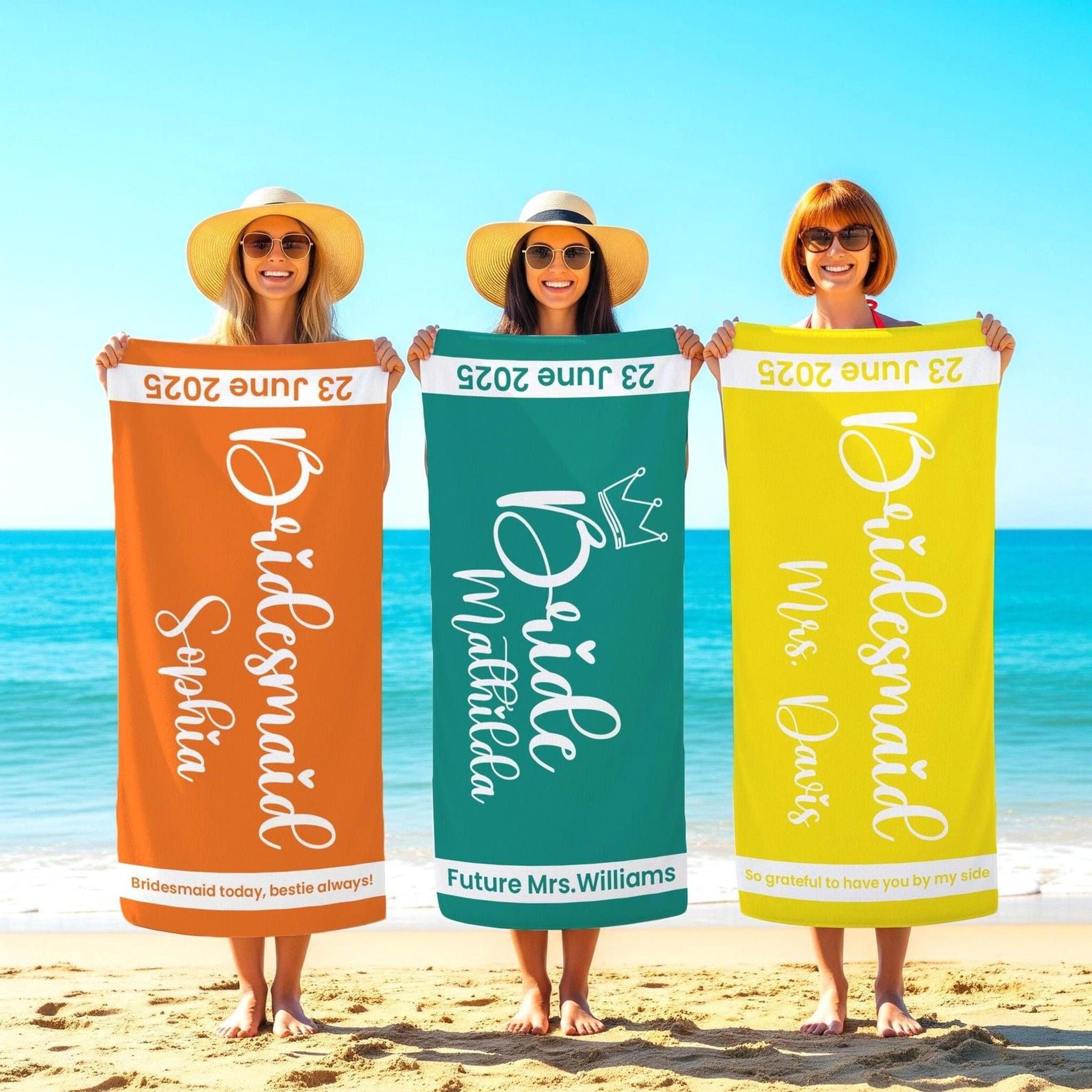 personalized bride beach towel with crown design, custom wedding date & honeymoon gift