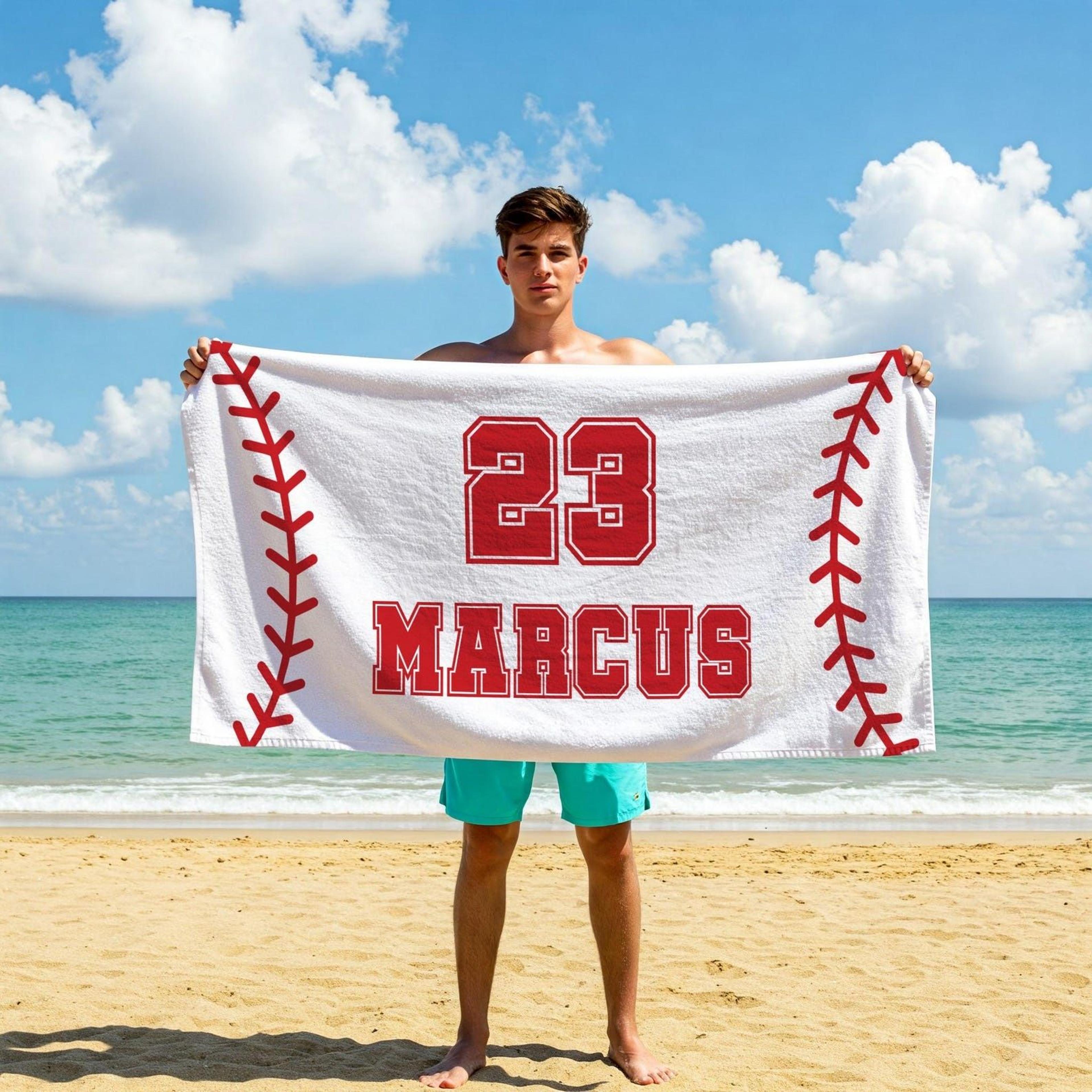 personalized baseball beach towel with team name & number, custom player pool gift