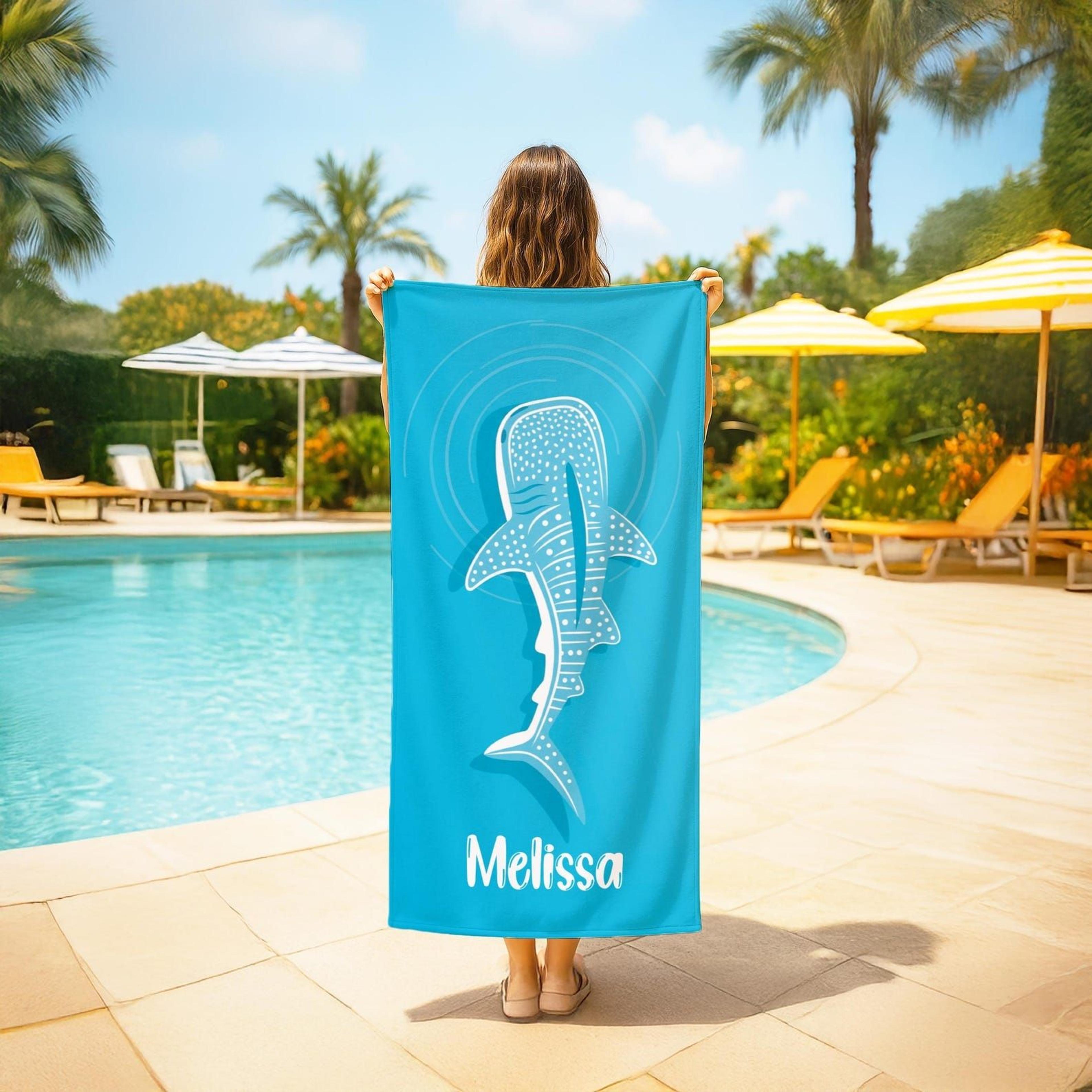 personalized whale shark beach towel with name, retro ocean summer pool gift